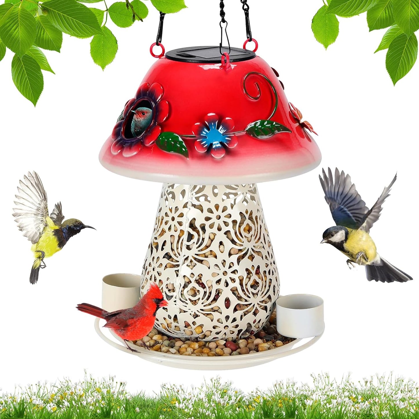 Mushroom Solar Bird Feeders for Outdoors Hanging Metal Wild Bird Feeder Garden Lantern with S Hook for Garden Decoration red