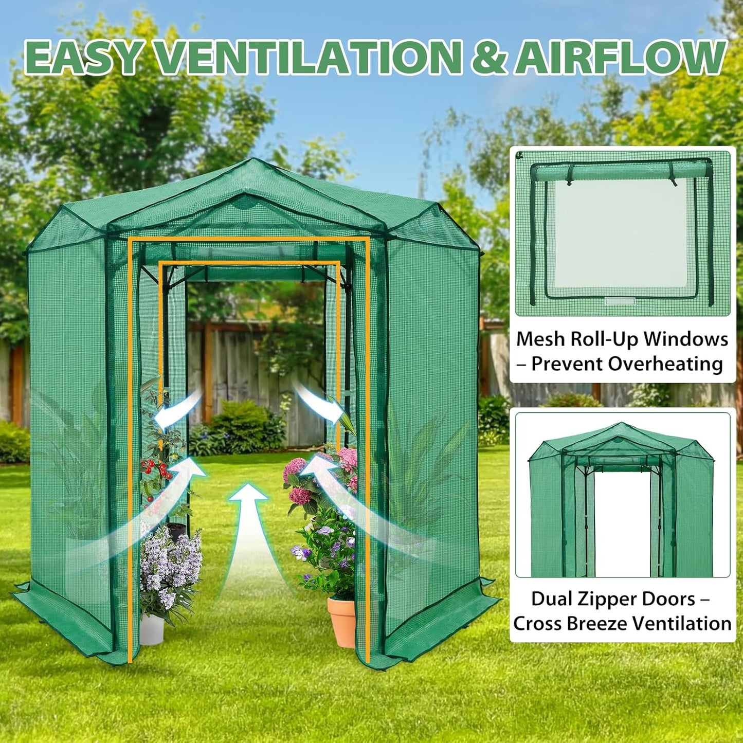 EAGLE PEAK 6.6x6.6 ft Hexagon Pop up Greenhouse, Portable Walk-in Grow Tent for Seed Starting, Garden Plants, Indoor Outdoor Green House, All-Weather Plant Shelter, PE Cover, Green/Clear