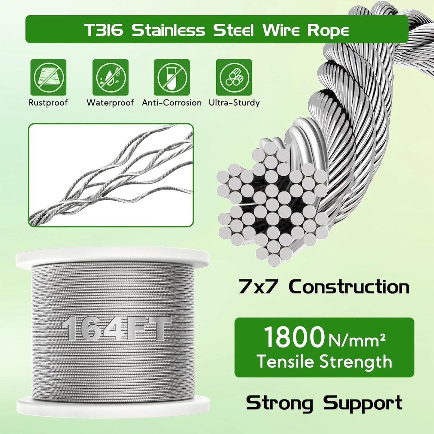 Trellis Wire for Climbing Plants Outdoor, 20 Set Wall Wire Trellis Kit with 1/8" x 164ft Stainless Steel Cable, T316 Espalier System Cable Trellis Kit with Adjustable Spacing Vines Green Wall
