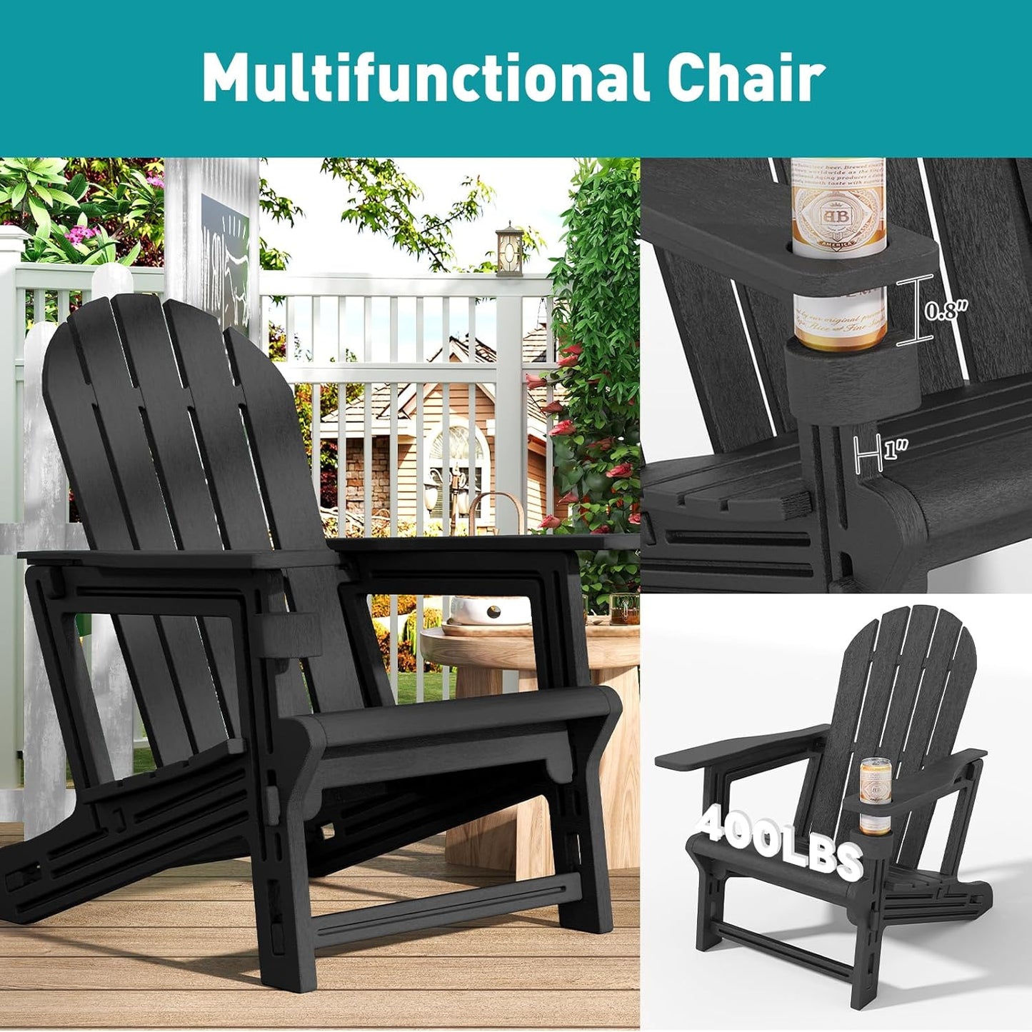 Adirondack Chair, Tool-Free Assembly All-Weather Adirondack Chairs, HDPE Fire Pit Chairs with Cup Holder, Outdoor Chair for Patio Garden (Black)