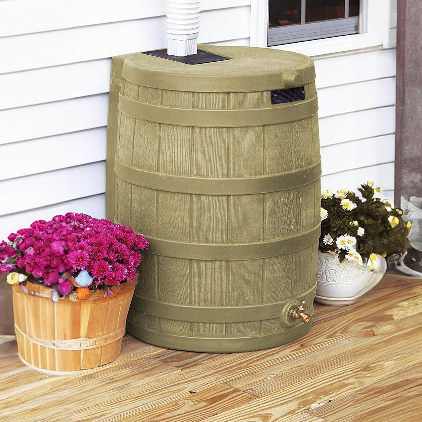 Good Ideas Rain Wizard 50 Gallon Plastic Outdoor Home Rain Barrel Water Storage Collector with Brass Spigot and Flat Back Design, Khaki (4 Pack)