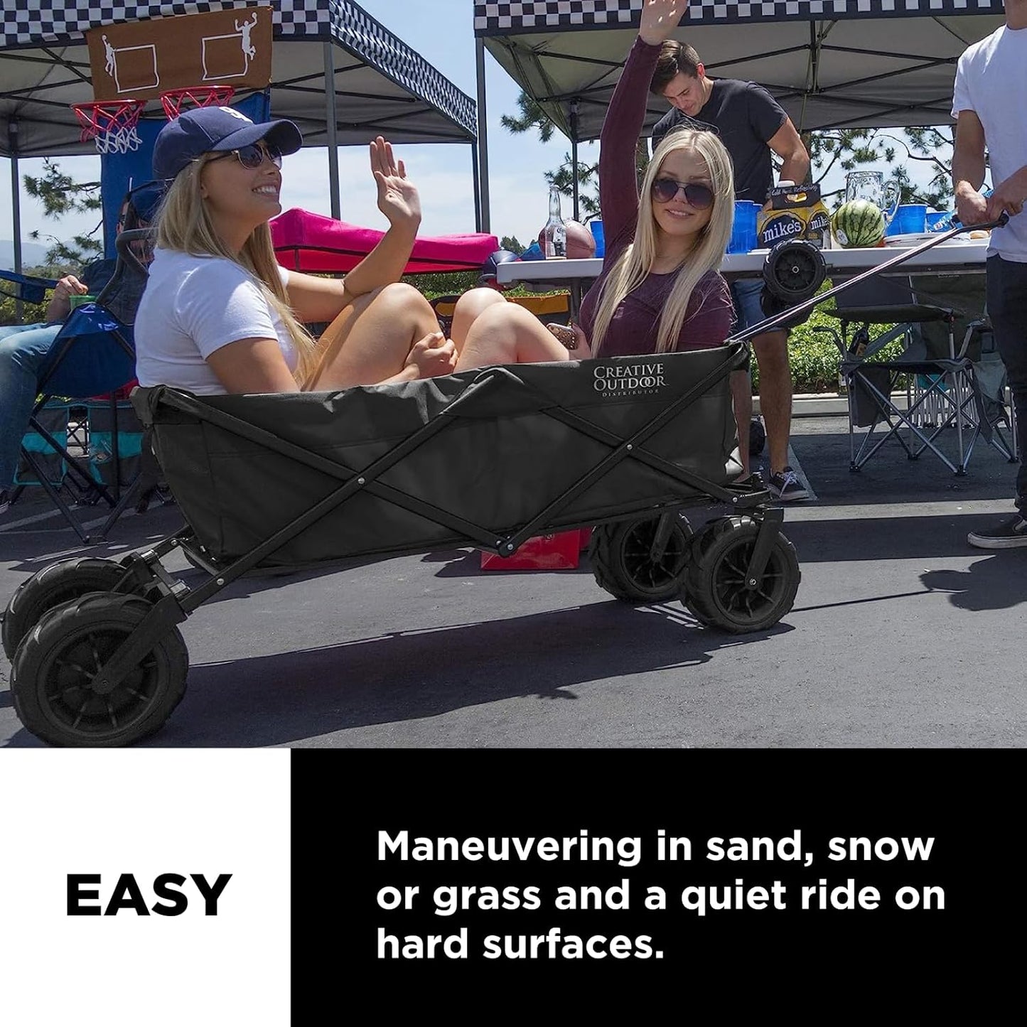 Creative Outdoor Wagon for Kids Push Pull Collapsible Stroller Giant All-Terrain Folding Cart | XXXL Monster Series Wagons | Beach Park Garden & Tailgate | Multiple Color Options (Black)