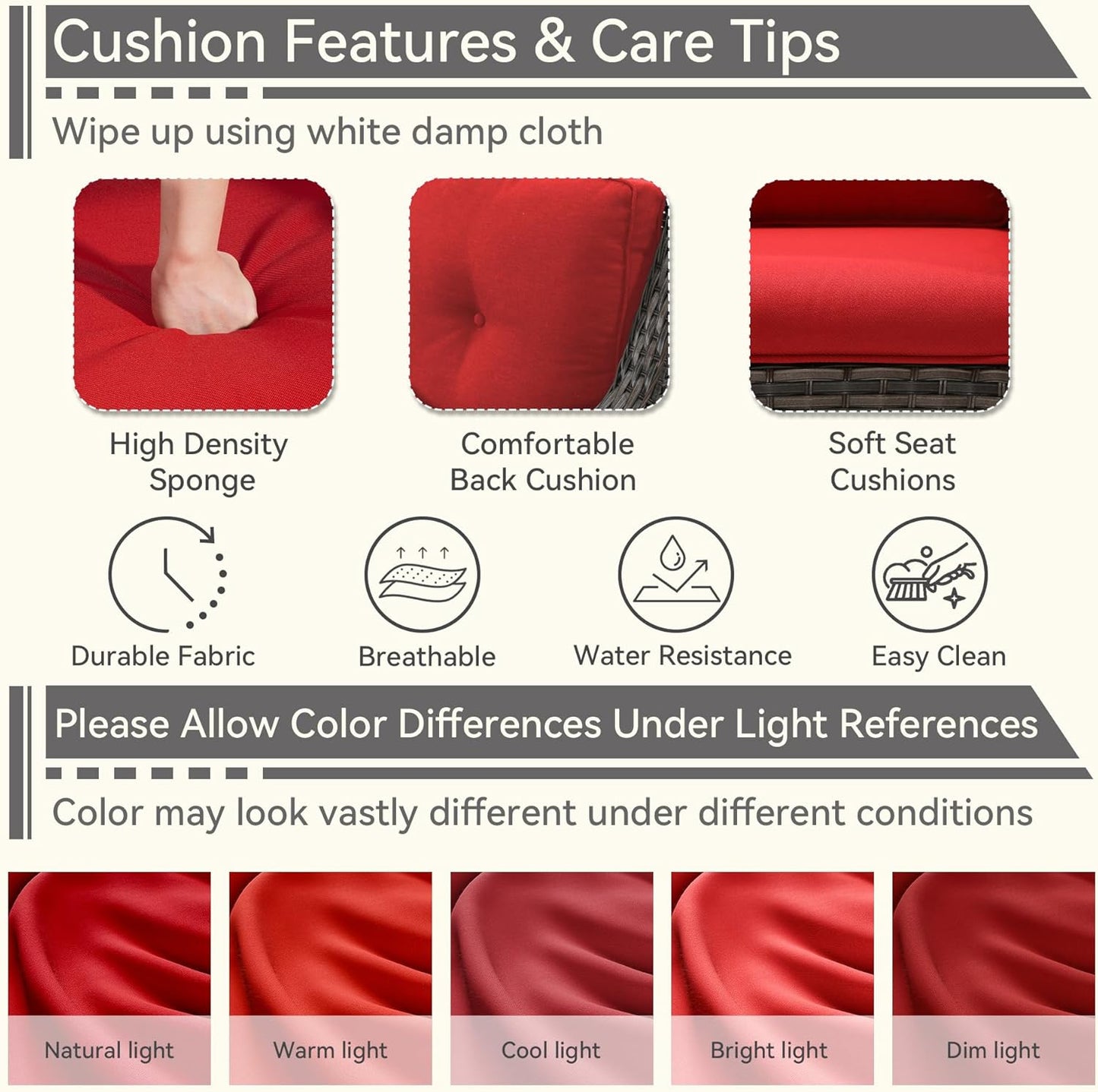 Outdoor Rocking Chair of 2, Wicker Patio Rocker Chair for Yard, Porch, Mixed Brown Grey Rattan, Red Cushions