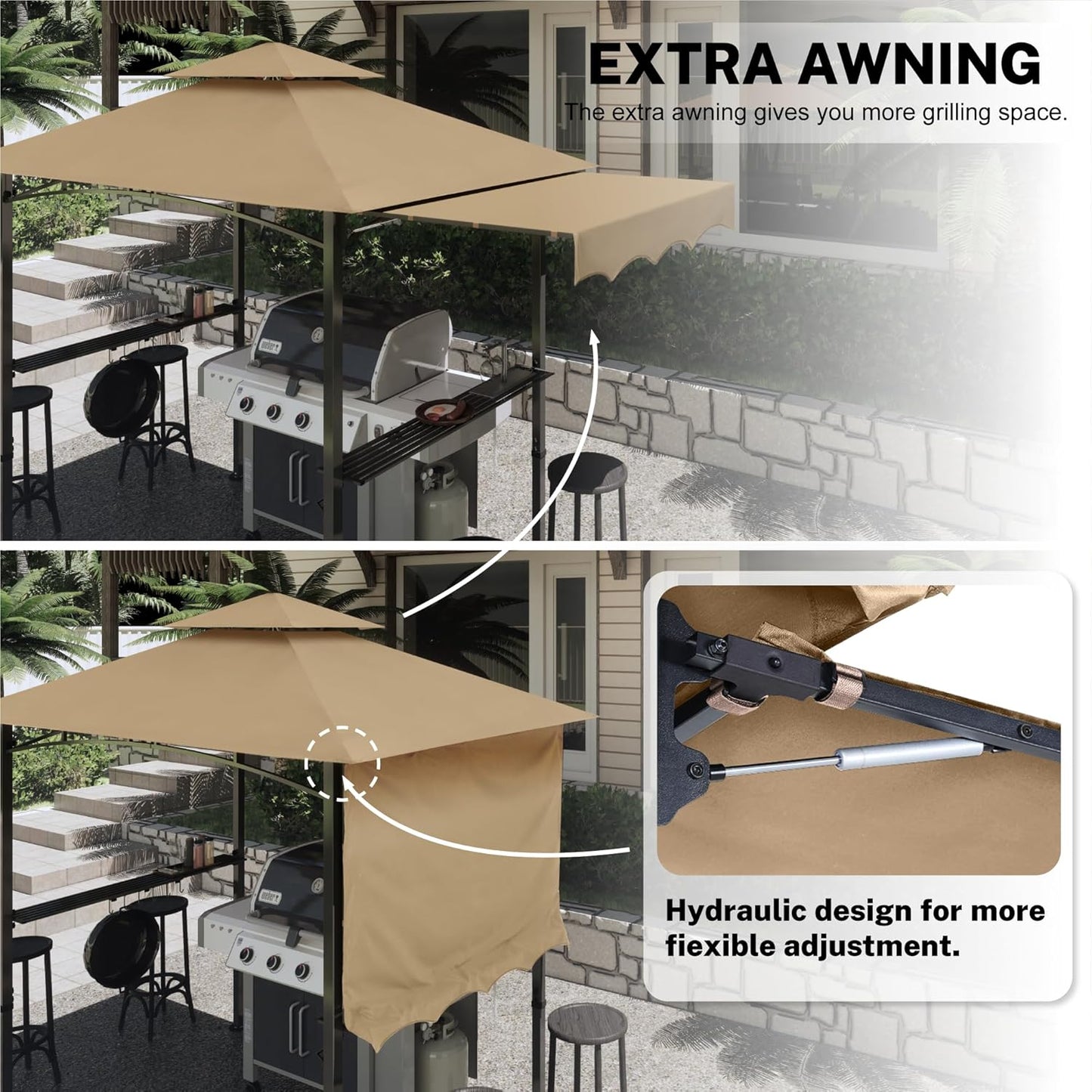 MASTERCANOPY 11 x 5 Grill Gazebo with Extra Side Awning Outdoor BBQ Gazebo with 2 LED Lights for Patio Party Backyard Picnic(Khaki)