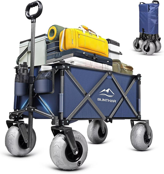 Beach Wagon with Big Wheels for Sand, Heavy Duty Collapsible Folding Wagon with All-Terrain 9" Pneumatic Tires & Drink Holders, Utility Wagon for Garden Sports Camping Outdoor Activities