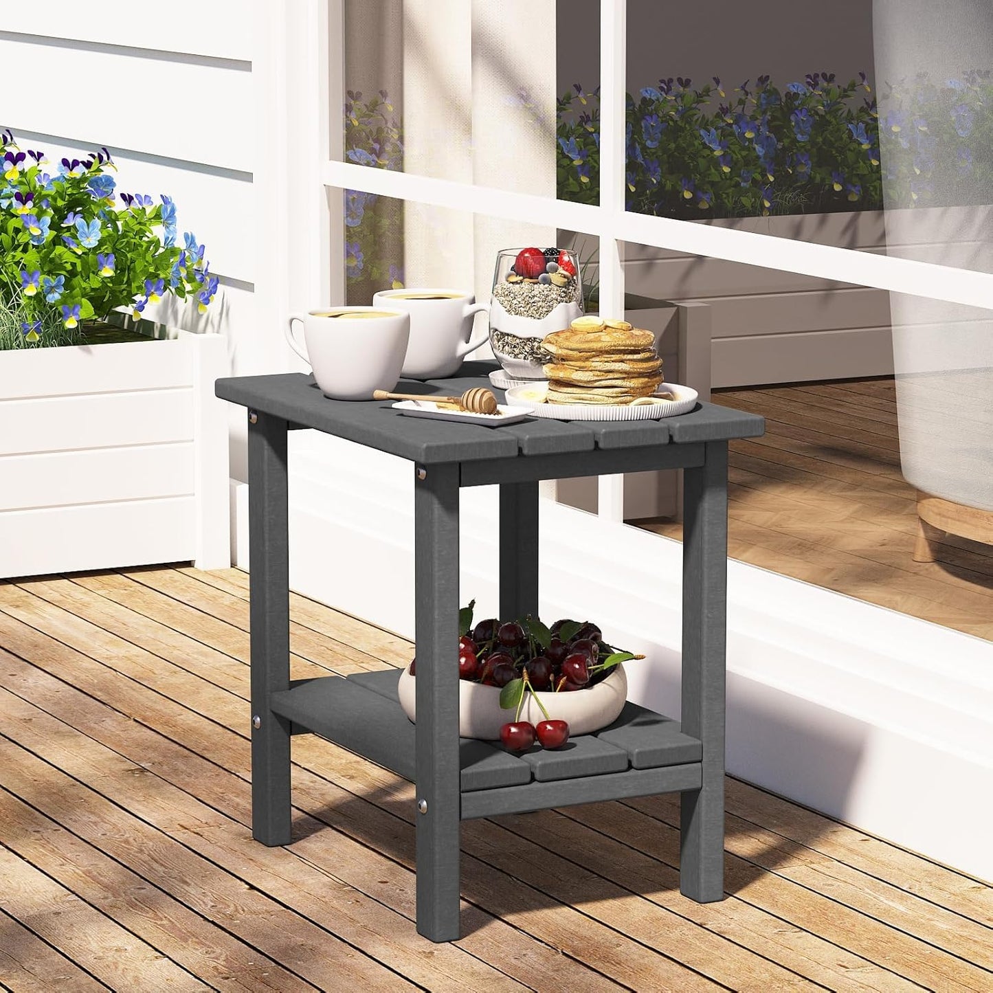 Outdoor Side Table, Weather-Resistant Patio Side Table for Backyard, Pool & Porch, Double Adirondack Durable & Stylish Patio End Table,Grey