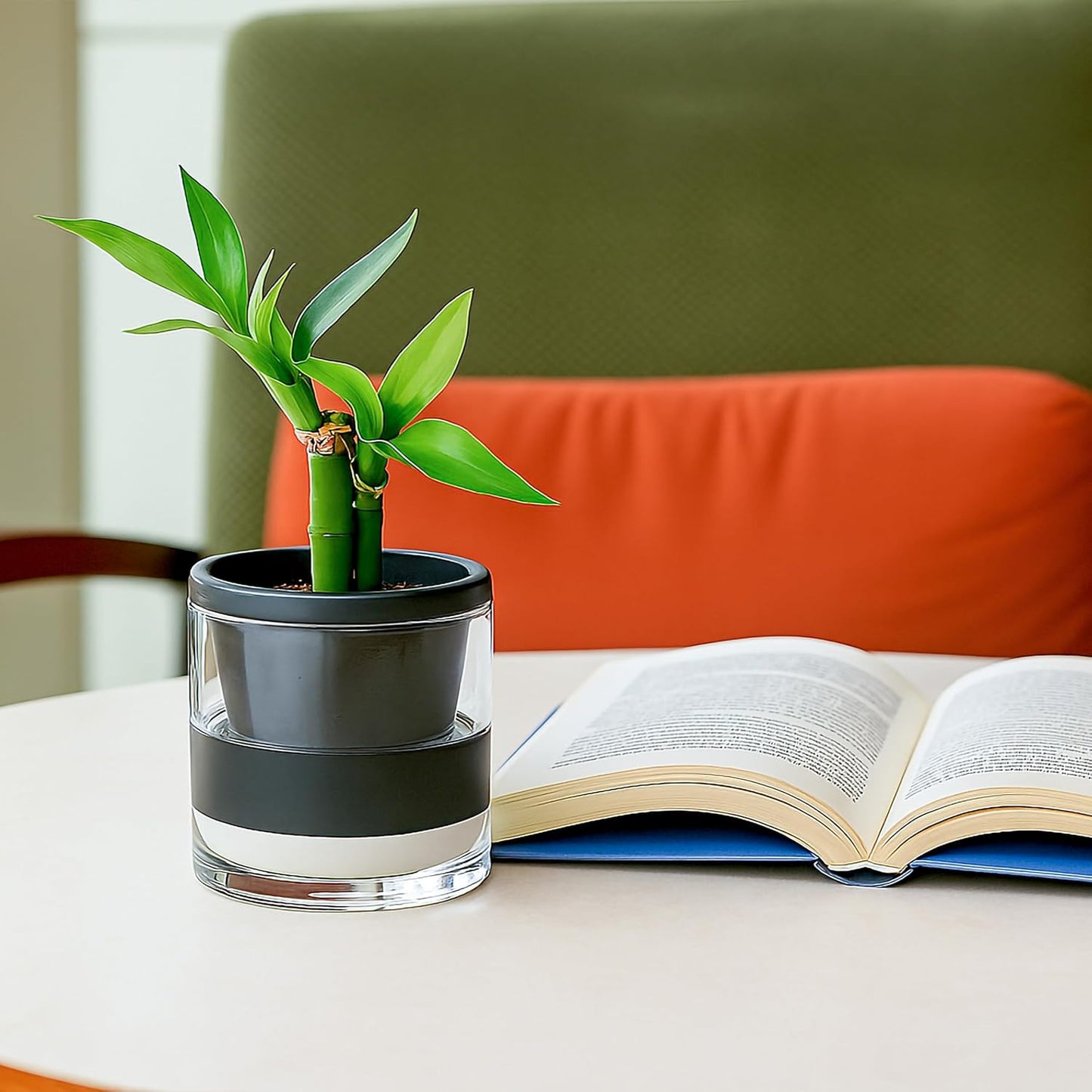 D'vine Dev 4 Inch Design Self Watering Planter for Indoor Plants, Black Terracotta Pot with Cylinder Glass Cup, Set of 4, 37-Z-A-3-F