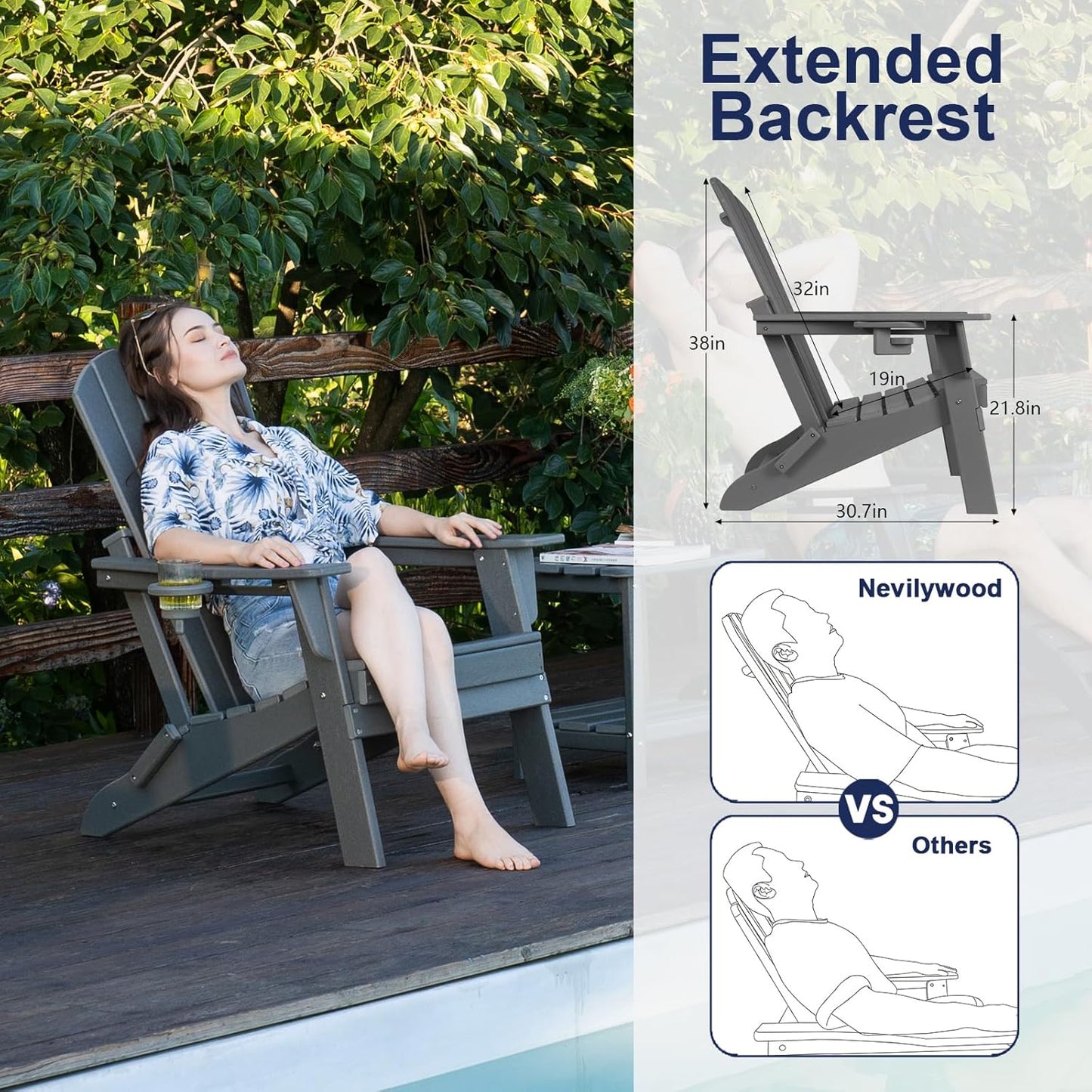 Folding Adirondack Chair with Cup Holder, HDPE Patio Chairs, All-Weather Outdoor Chairs for Backyard, Deck, Fire Pit-Coffee