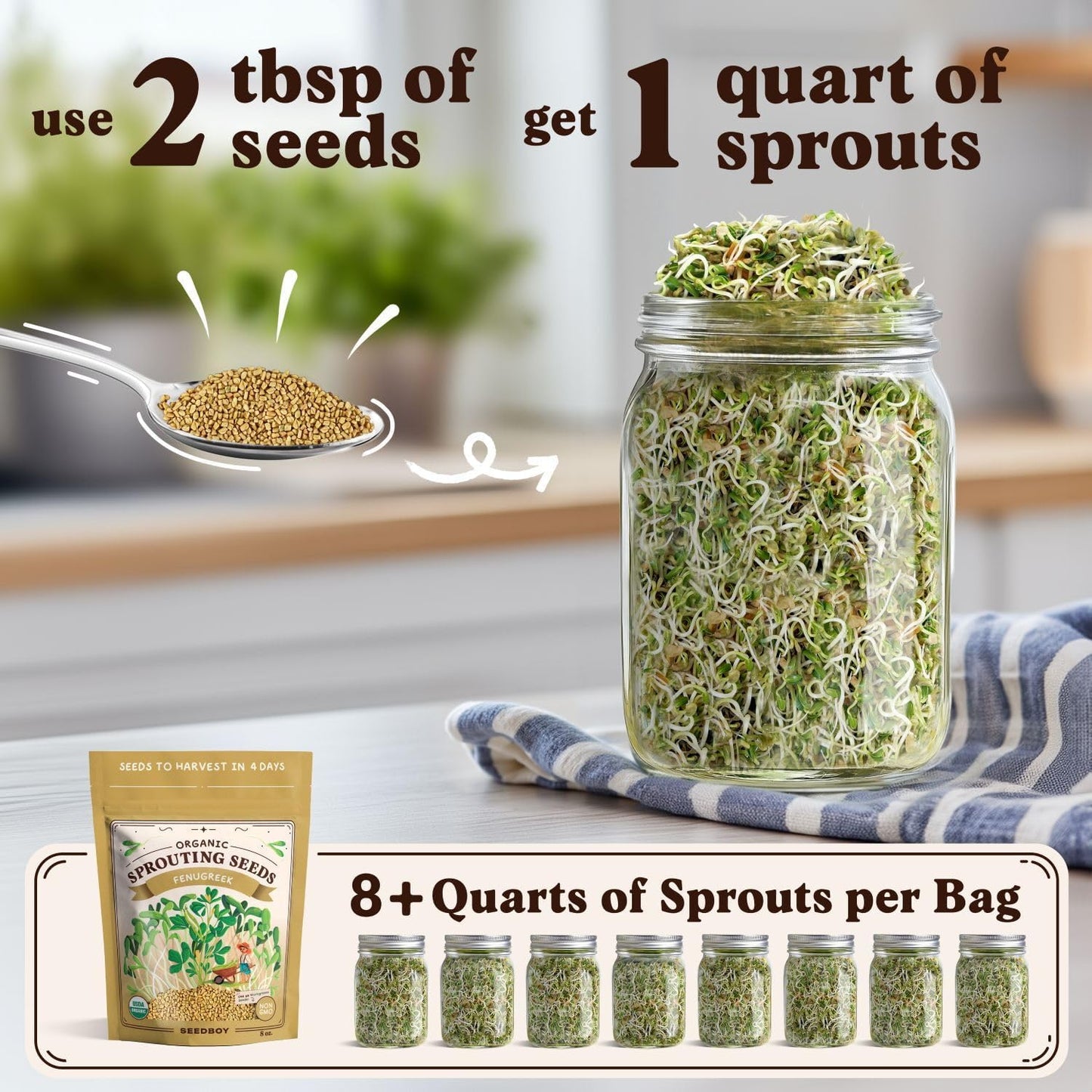 Seedboy Organic Fenugreek Seeds for Sprouting - Non-GMO, USDA Organic Microgreens Sprouting Seeds Mix - Makes 8 Quarts of Sprouts, 24 Servings (8 oz) (Fenugreek)