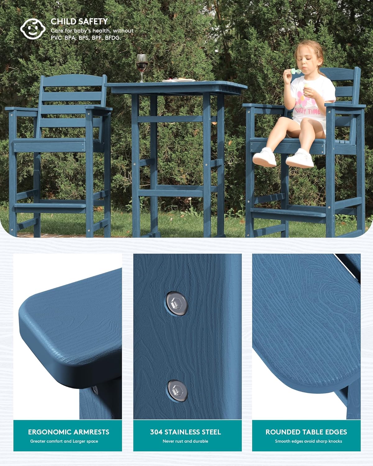 SERWALL Balcony Adirondack Chairs and Table 3 Pieces Set, Adirondack Bar Height Chairs Set of 2 and Bar Table, Outdoor Bar Stools Set for Bistro, Poolside, Backyard, Blue