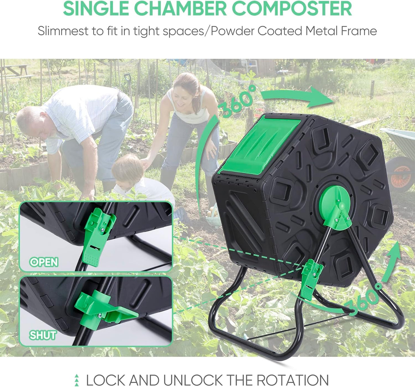 Nouva Outdoor Composting Bin, 18.5 Gallon Single Chamber Small Tumbling Composter,Steel Frame Heavy Duty Barrel for Kitchen Garden Yard