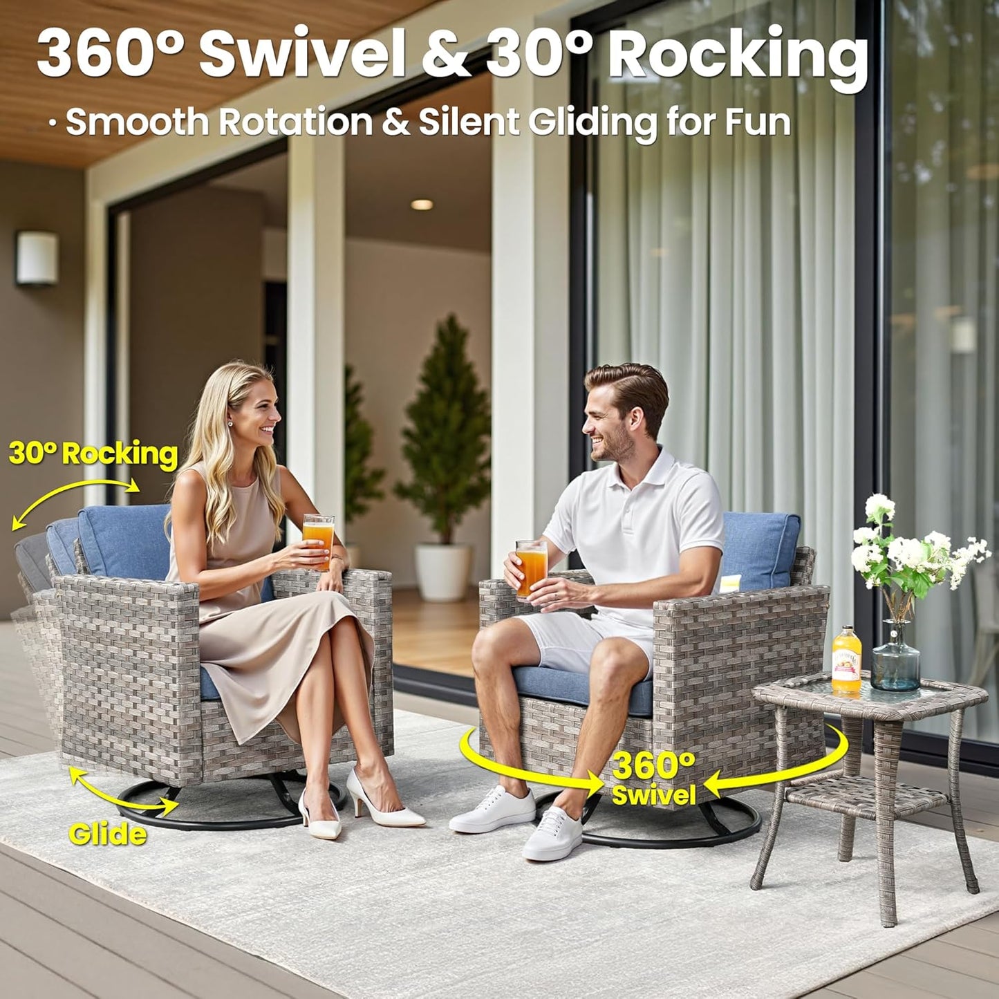 ovios 15 Pieces Patio Furniture Set, Outdoor Wicker Sectional Sofa with Swivel Chairs Coffee Table, Modern Modular Deep Seat Rattan Couch Conversation Sets, Denim Blue