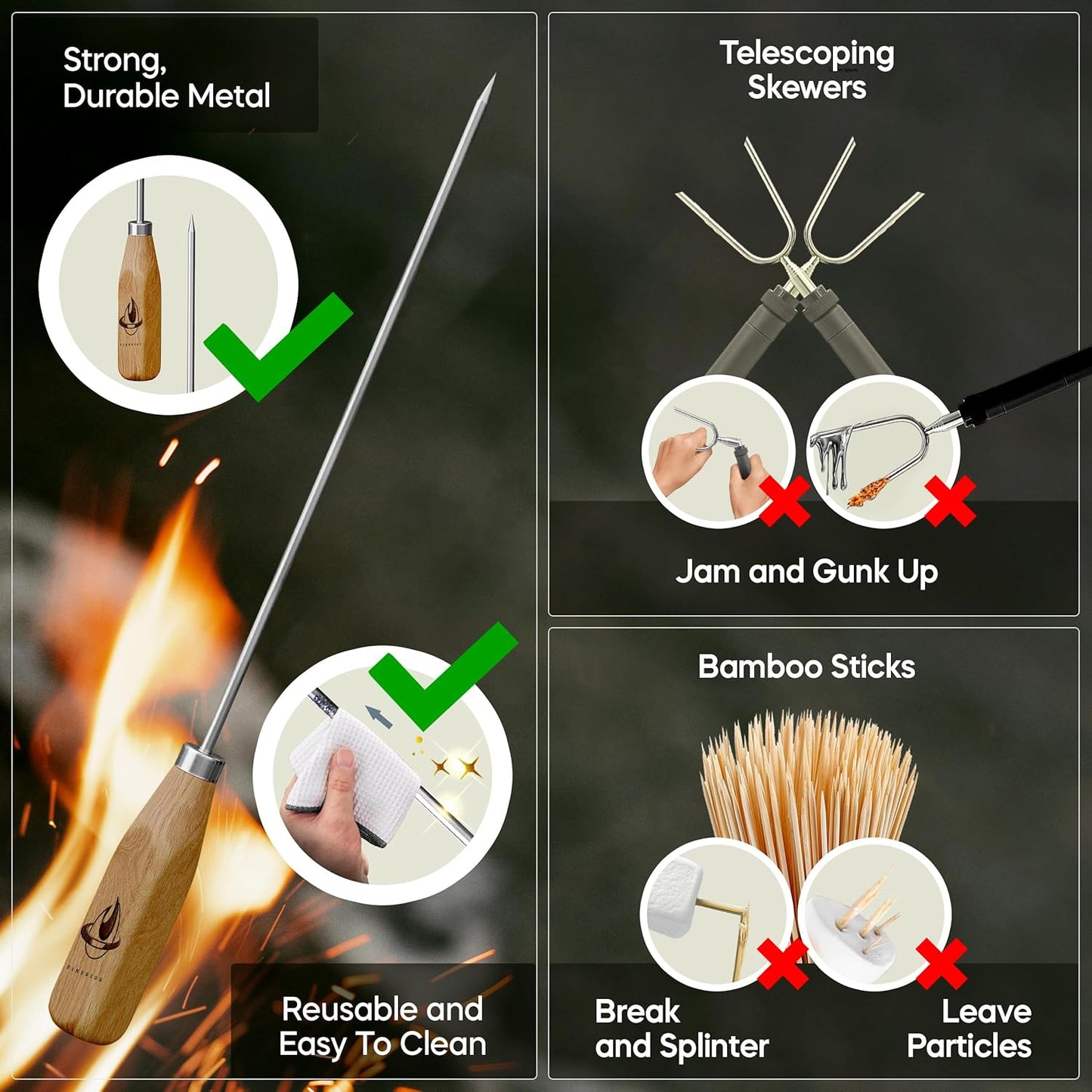 Marshmallow Sticks for Fire Pit - 34" Extra Long Roasting Smores Stick - Campfire Metal Skewers Roast Hot Dog Corn BBQ Utensil Holder Kit Outdoor Camping Accessories with Wooden Handle (10-Pack)