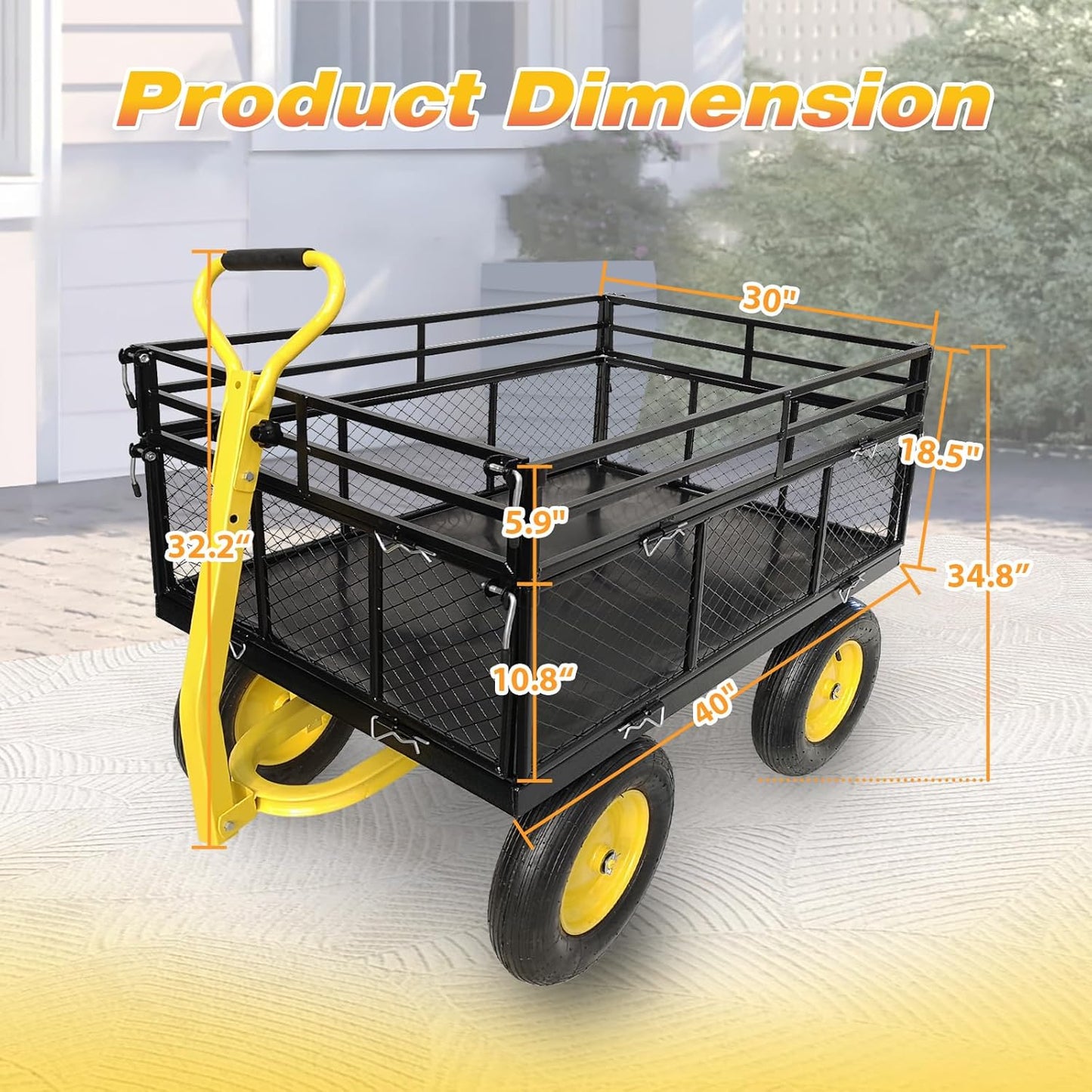Steel Garden Cart On Wheels, 1400 Lbs Capacity, 2-in-1 Handle and 16 in Tires, Heavy Duty Wagon Cart with Removable Mesh Sides to Convert Into Flatbed