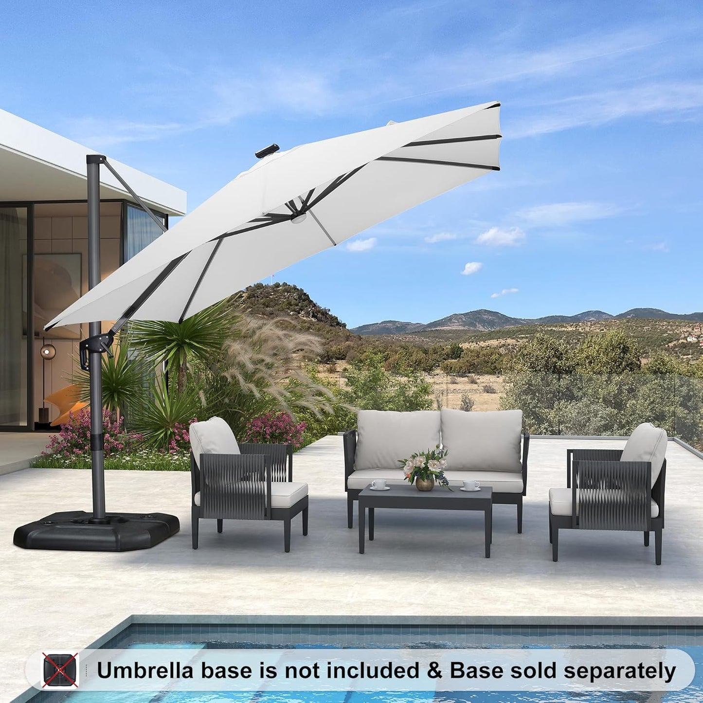 PURPLE LEAF 10 Feet Patio Umbrella Outdoor Cantilever Solar Powered LED Square Umbrella Aluminum Offset Umbrella with 360-degree Rotation for Garden Deck Pool Patio White