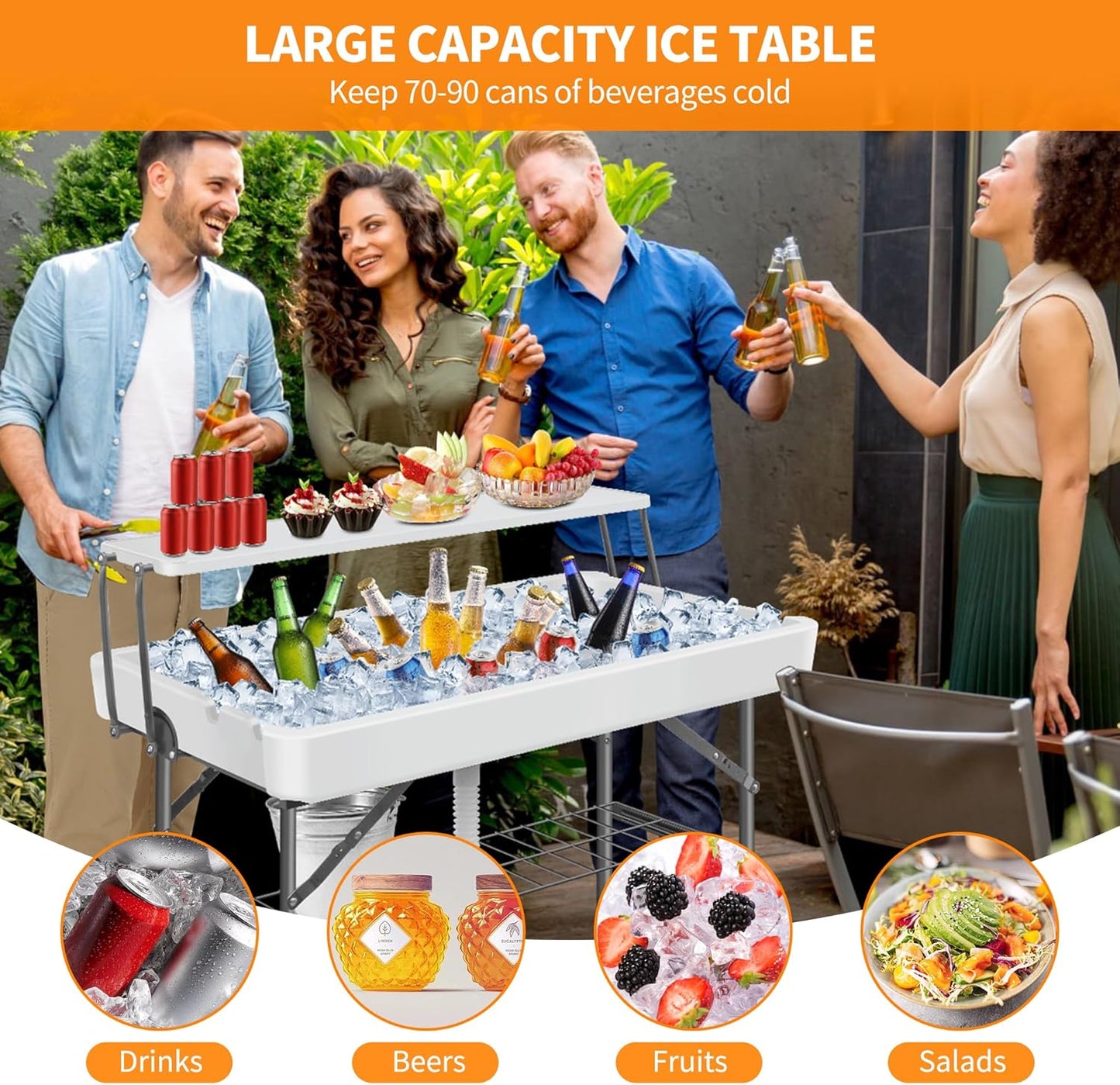 Portable Folding Ice Cooler Table - 2 Tier Outdoor Cooler Table with Removable Matching Skirt and Shelf, Ice Tables for Party, Camping, Picnic, Foldable Self-Serving Beverage Cooling Bar(White)