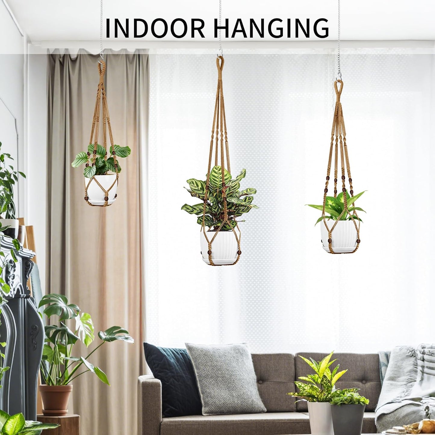 3 Pack Macrame Plant Hanger - 43"/35"/29" Different Sizes, Hanging Planter Basket Flower Pot Holder for Indoor Outdoor, with Wood Beads, Boho Home Decor, Brown (POTS NOT Included)