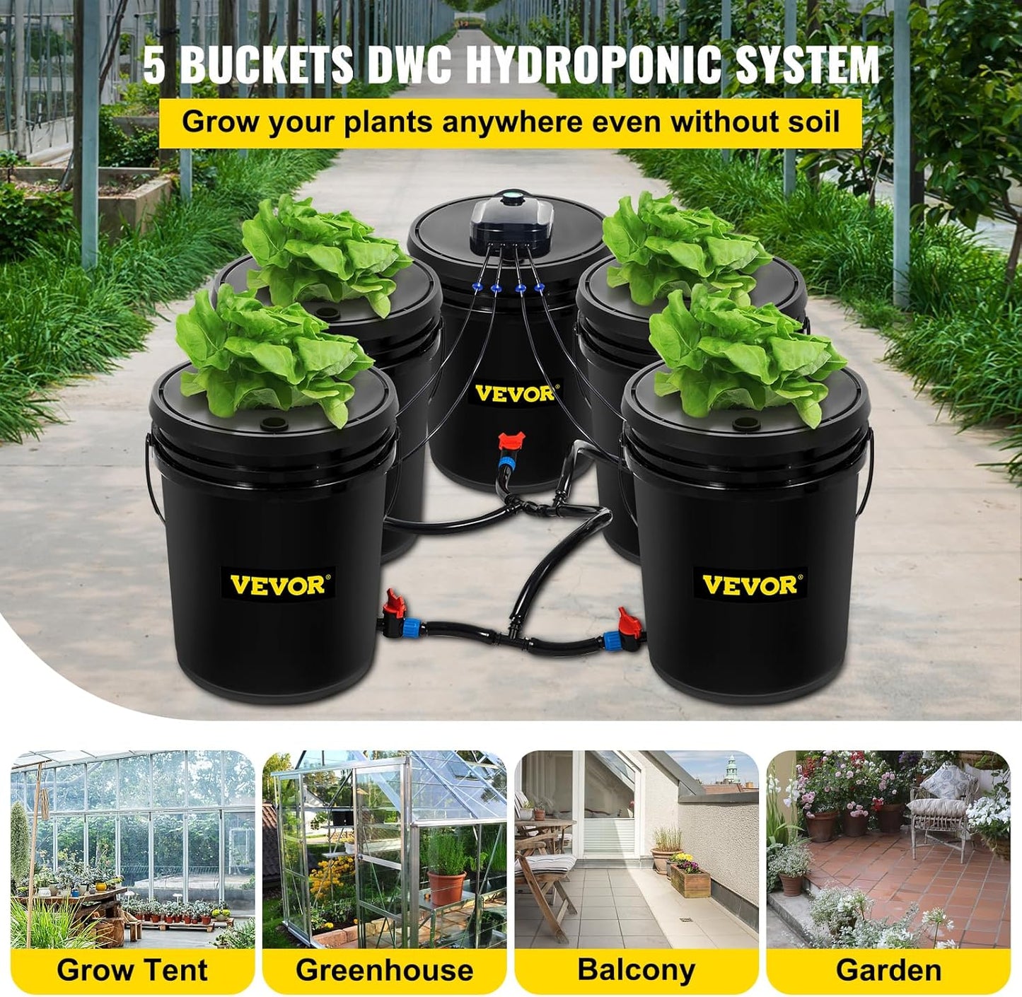 VEVOR DWC Hydroponic System, 5 Gallon 5 Buckets, Deep Water Culture Growing Bucket, Hydroponics Grow Kit with Pump, Air Stone and Connected Reservoir, for Indoor/Outdoor Leafy Vegetables