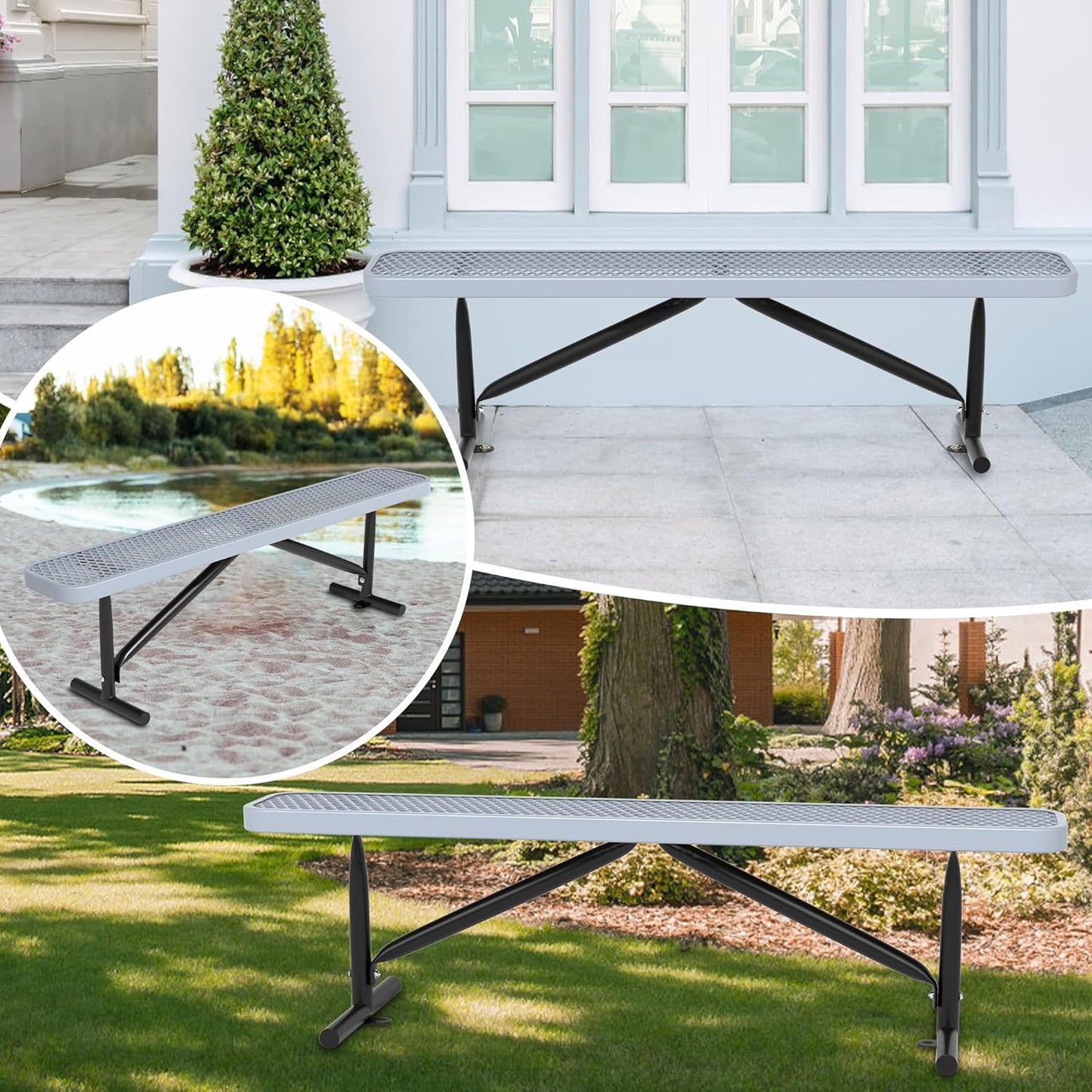 48" L Outdoor Steel Flat Bench, Heavy Duty Metal Park Bench for Outside, Expanded Metal, Commercial Benches Mesh Bench for Shopping Mall, Store, Lawn, Park, Patio, Deck, Garden (Grey, 6FT)