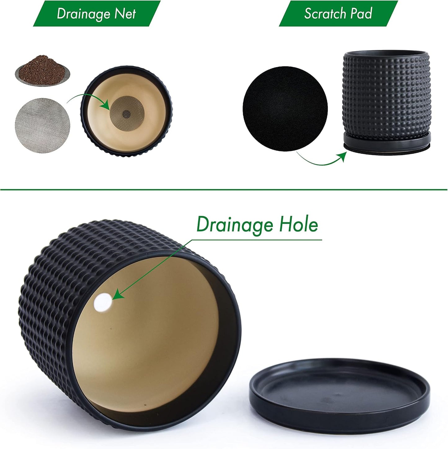 D'vine Dev Set of 2 Ceramic Plants Pots, 6 Inch Beaded Stoneware Flower Pot for Plants with Drainage Hole and Saucer, Ebony Matte, 27-E-X-6