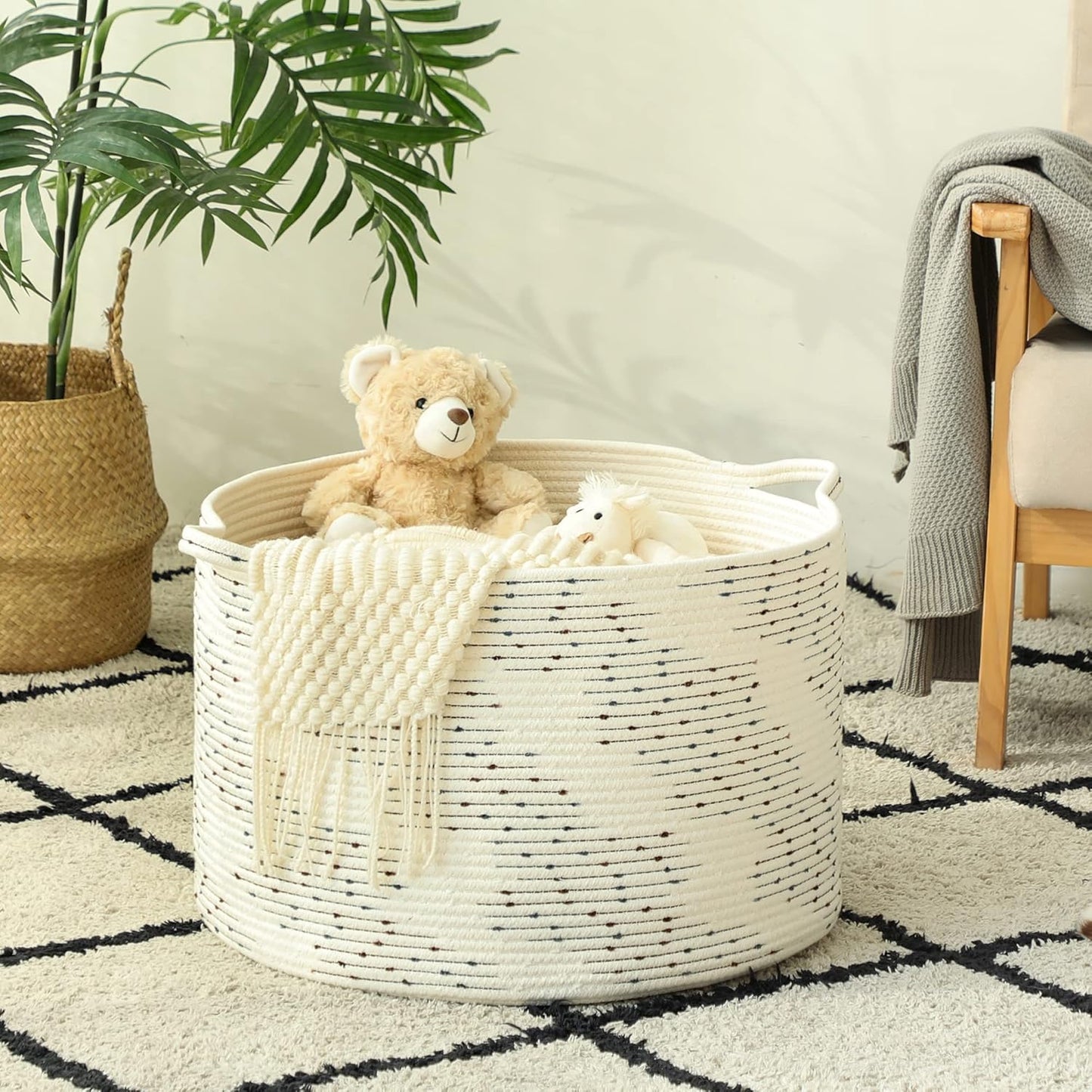 KAKAMAY Large Blanket Basket (20"x13"),Woven Baskets for storage Baby Laundry Hamper，Cotton Rope Blanket Basket for Living Room, Laundry, Nursery, Pillows, Off White with Blue & Brown Dotted Pattern