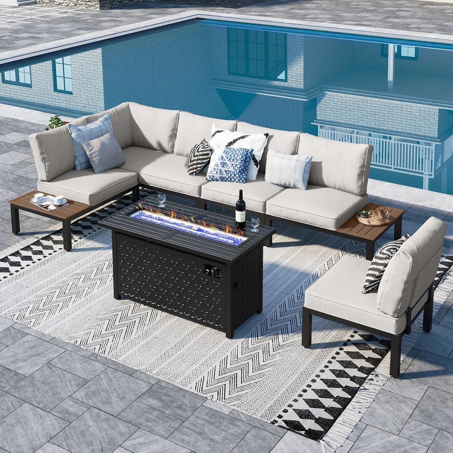 Sophia & William 6 Pieces Patio Furniture Set with 45" Fire Pit Table, Metal Outdoor Sectional Sofa Set -2 x Single Couch with Side Table,2 x Single Sofa,1 x Loveseat,1 x Propane Fire Pit