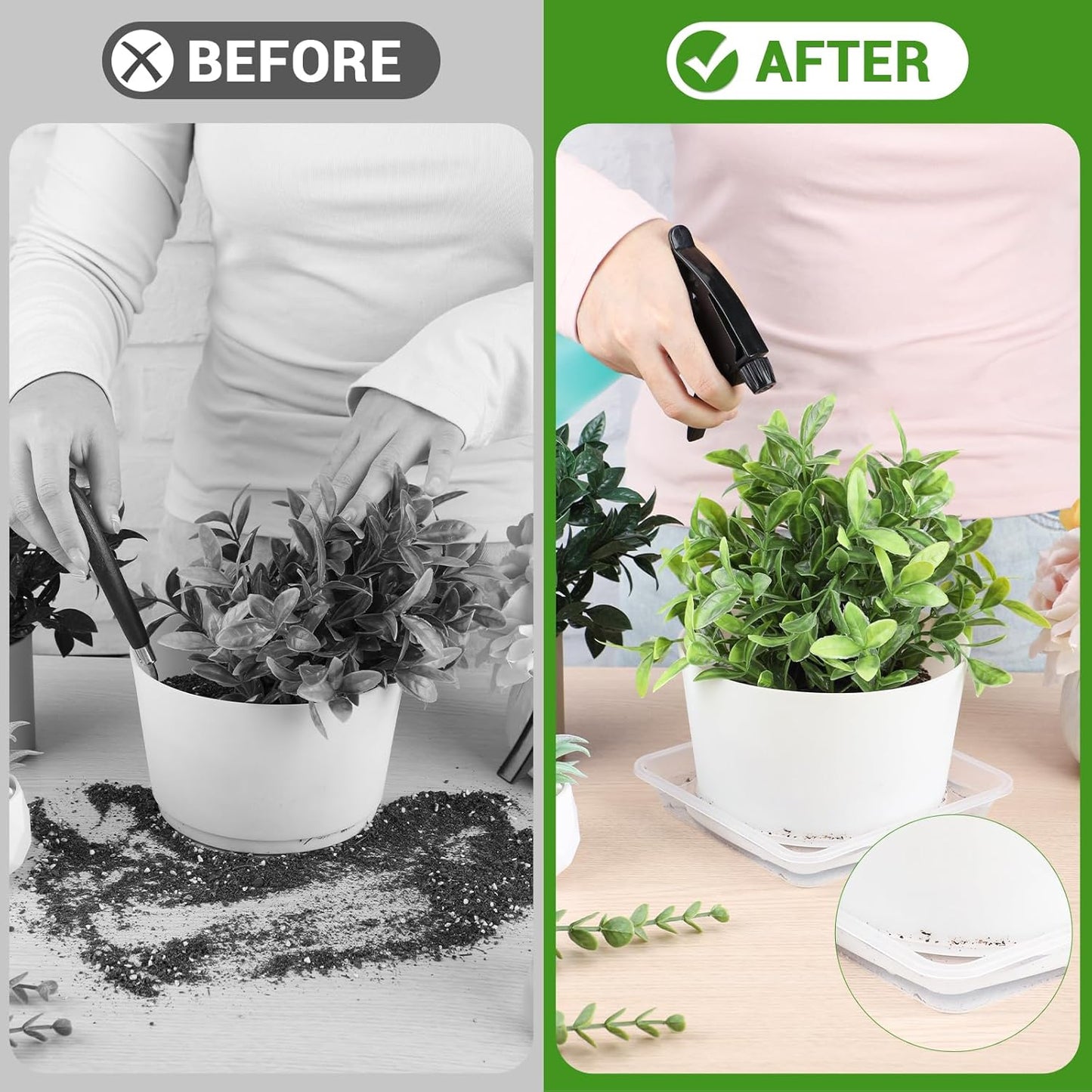 GREANER Clear Plant Plates to Catch Water, 12 Inch Durable Thick Saucer for Flower Pot, Square Plant Saucer Plant Trays for Pots, Flower Pot Saucers to Catch Water Drip Tray(6 Packs)