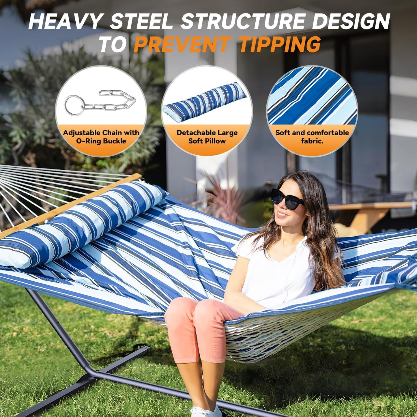 2 Person Outdoor Hammock with Stand, Cotton Rope Hammock with Polyester Pad, Adjustable Steel Frame, Portable with Carrying Bag – for Patio, Backyard, Garden, Beach, Blue