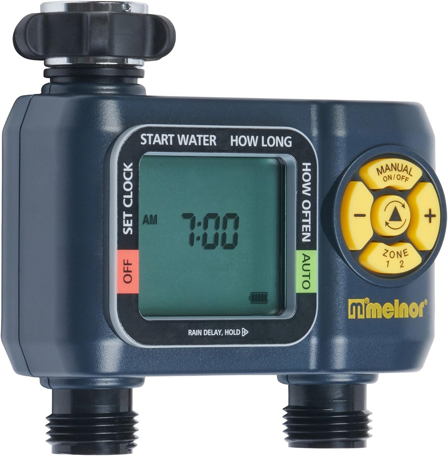 Melnor 65139AMZ AquaTimer Digital Hose Timer, 2-Zone Programmable Watering Timer, Quick Connect Bundle, Black, Yellow