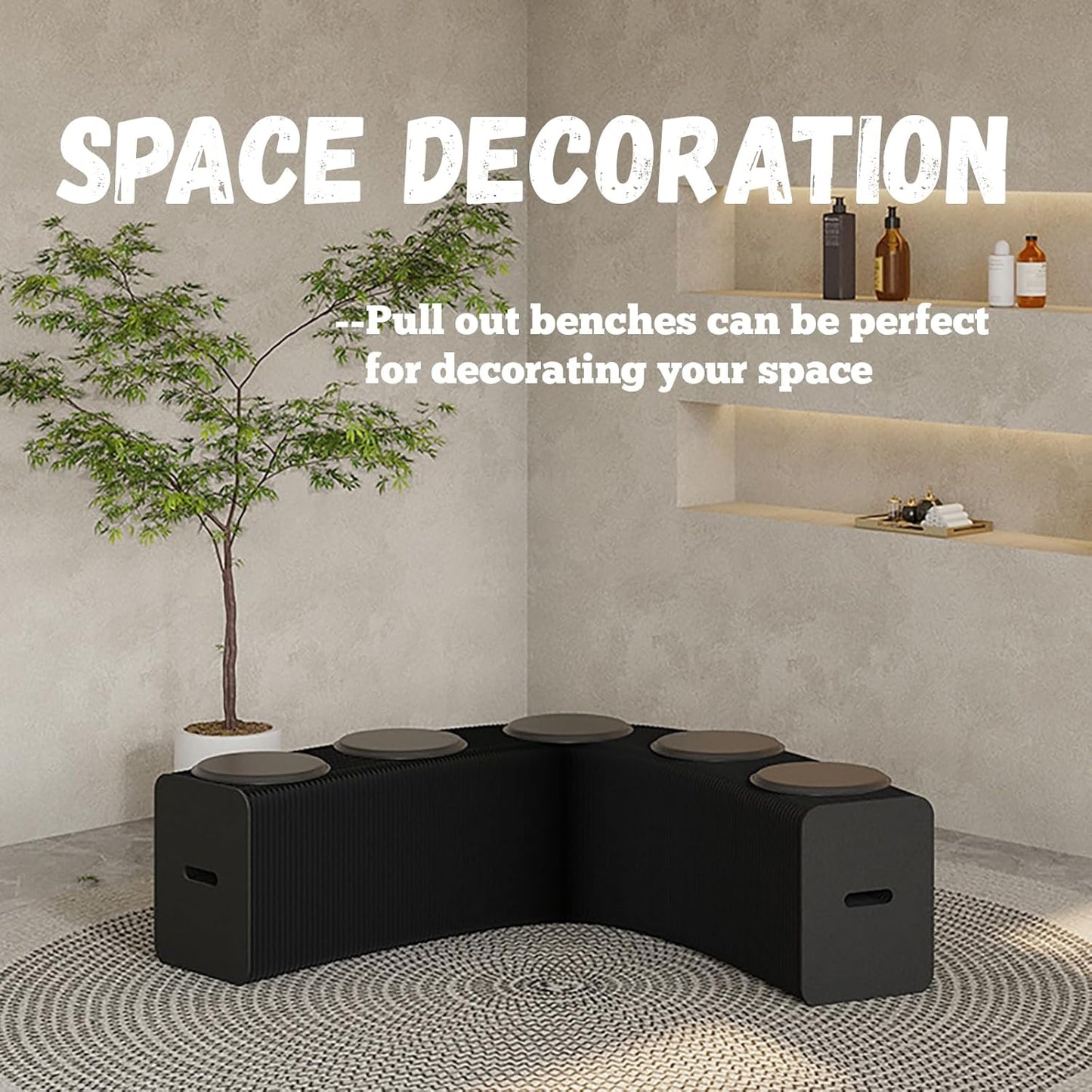 Foldable Kraft Paper Stool, Honeycomb Accordion Folding Bench, Collapsible Paper Stool for Small Spaces, Portable Footrest and Side Table for Living Room and Office,Black-44×31×150cm