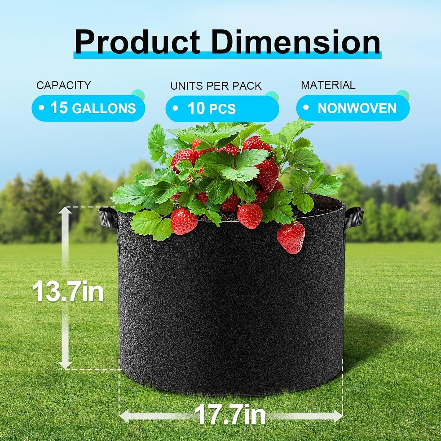 Land Guard 10-Pack Fabric Grow Bags 15 Gallon, Thickened Nonwoven Garden Pots, Growing Bags with Handles, Black