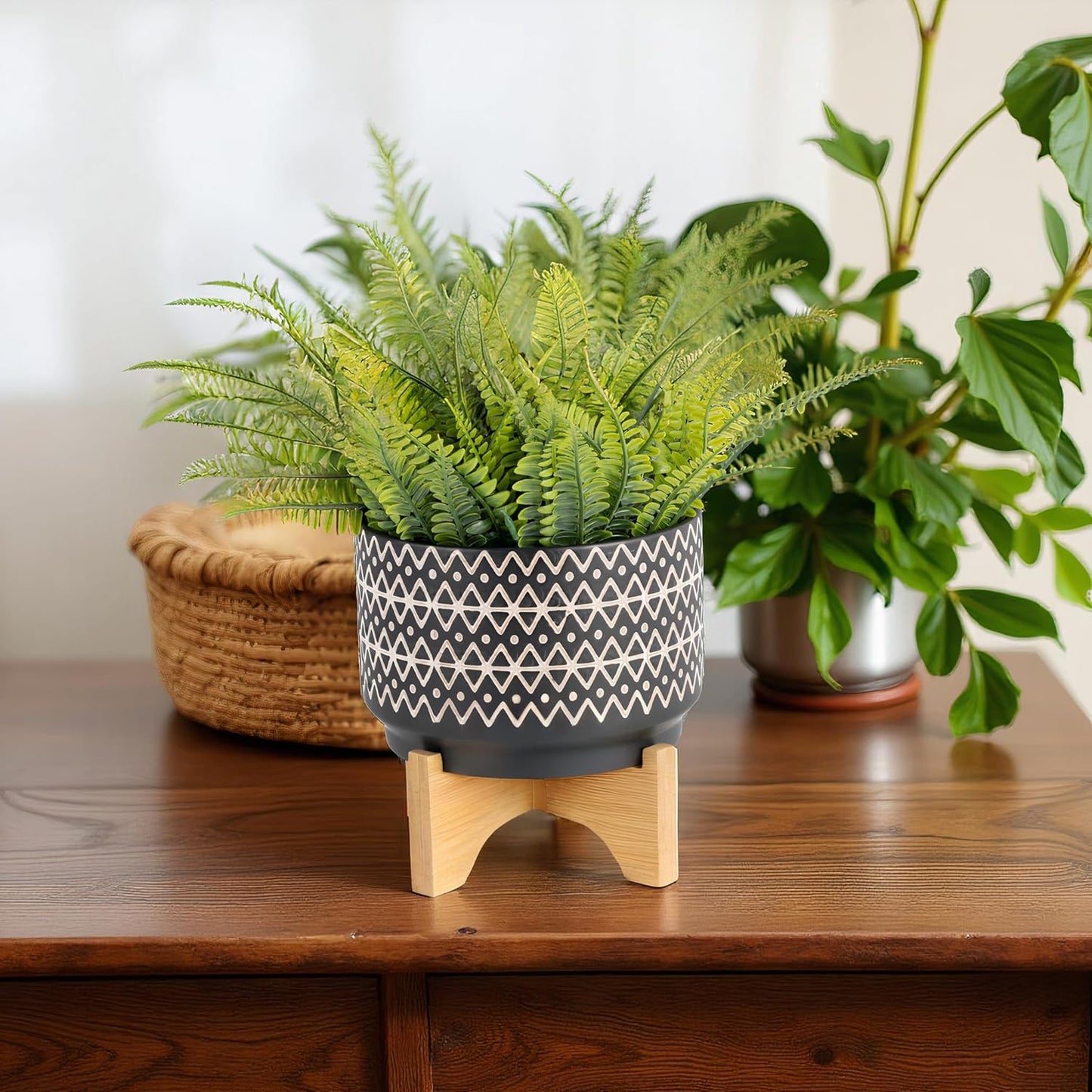 Ceramic Planter with Bamboo Stand – Modern Plant Pot with Geometric Pattern – Durable Stoneware Plant Holder for Indoor & Outdoor Plants – Stylish Boho Home Decor – 8", Black