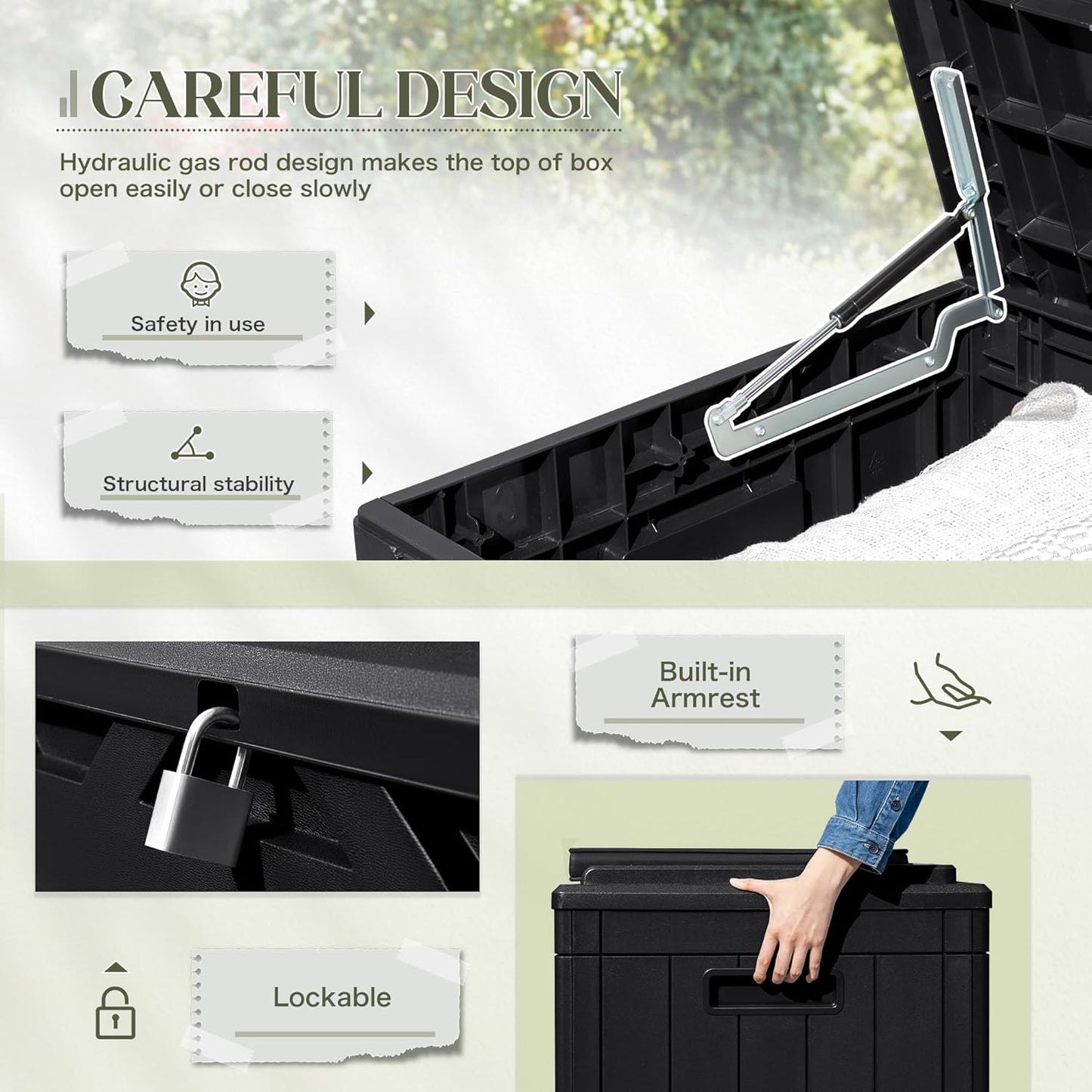 Greesum 100 Gallon Resin Deck Box Large Outdoor Storage with Cushions for Patio Furniture, Garden Tools, Pool Supplies, Weatherproof and UV Resistant, Lockable, Black