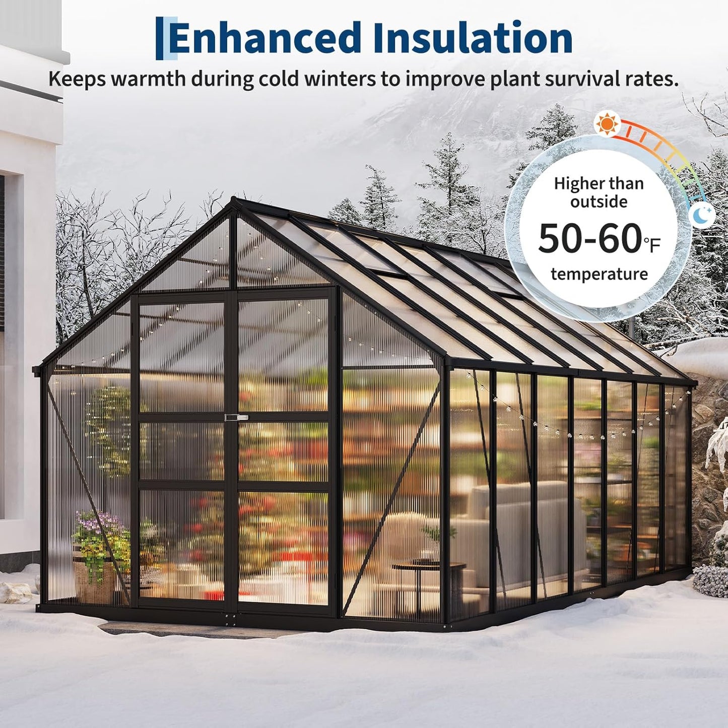 8x14 FT Polycarbonate Greenhouse,Large Walk-in SturdyOutdoor Aluminum Frame Greenhouse with Roof Vent, Lockable Push Door,for Garden, Backyard, Patio & Lawn(Black)