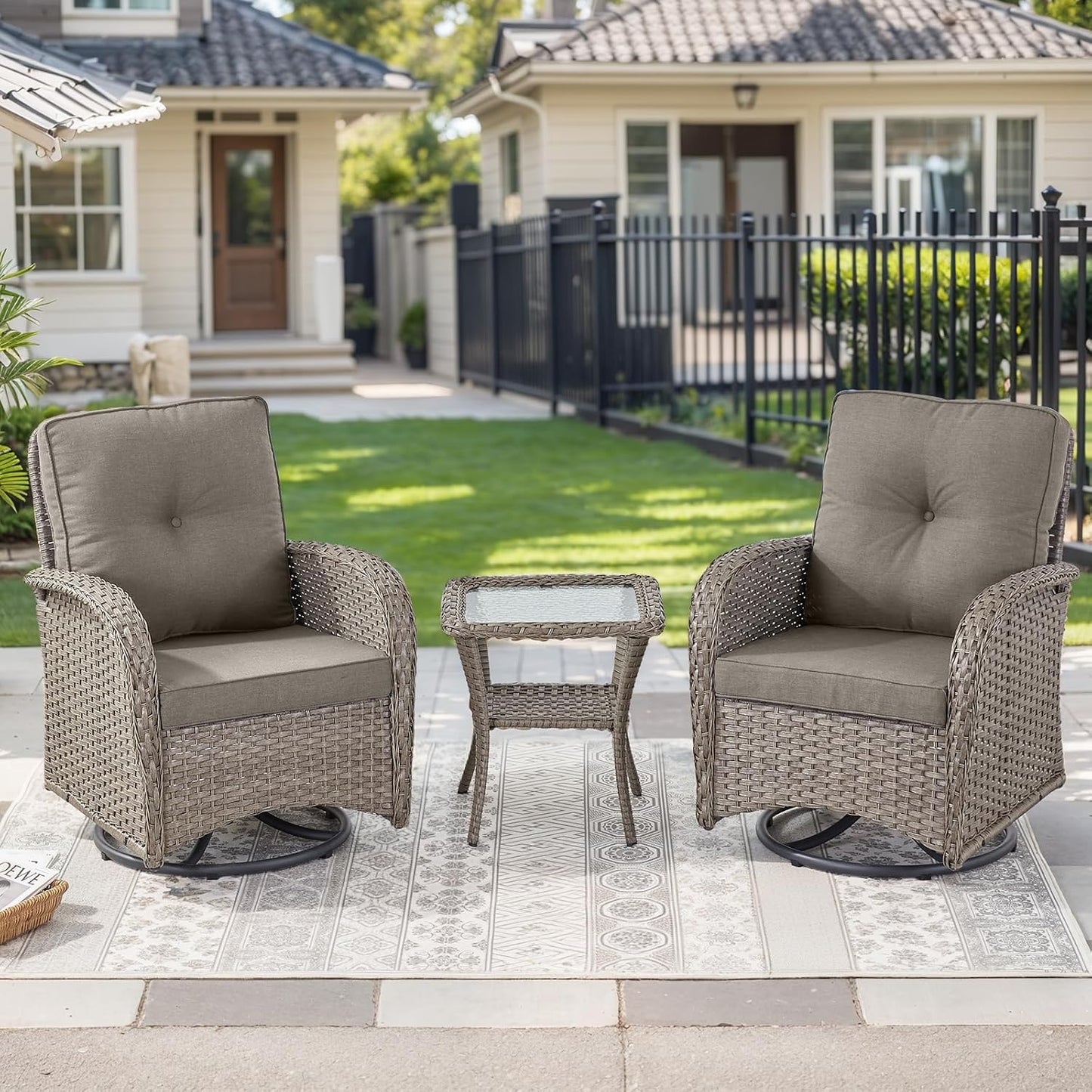 HUMMUH 3 Piece Outdoor Rocking Chairs Bistro Set-All Weather Wicker Outdoor Swivel Chairs Set of 2 with Side Table Small Patio Furniture Set for Deck Lawn Porch Balcony Poolside-Grey/Grey