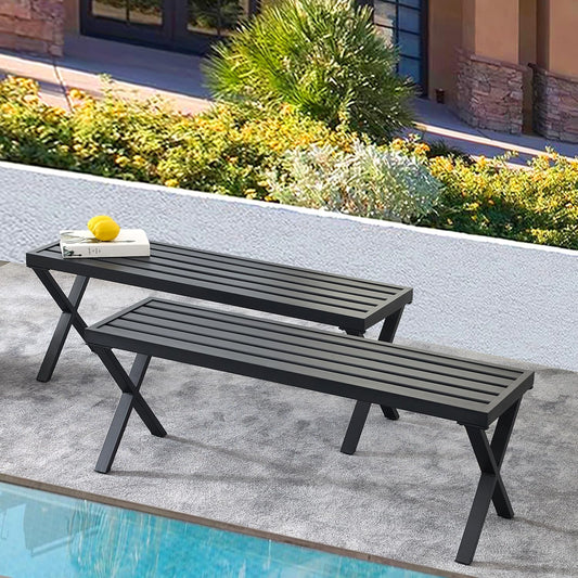 Black Outdoor Bench Set of 2, 46" Outdoor Metal Backless Bench for Outdoor, Patio Garden Bench, All Weather Outdoor Bench with cors for Garden, Backyard, Porch, Black