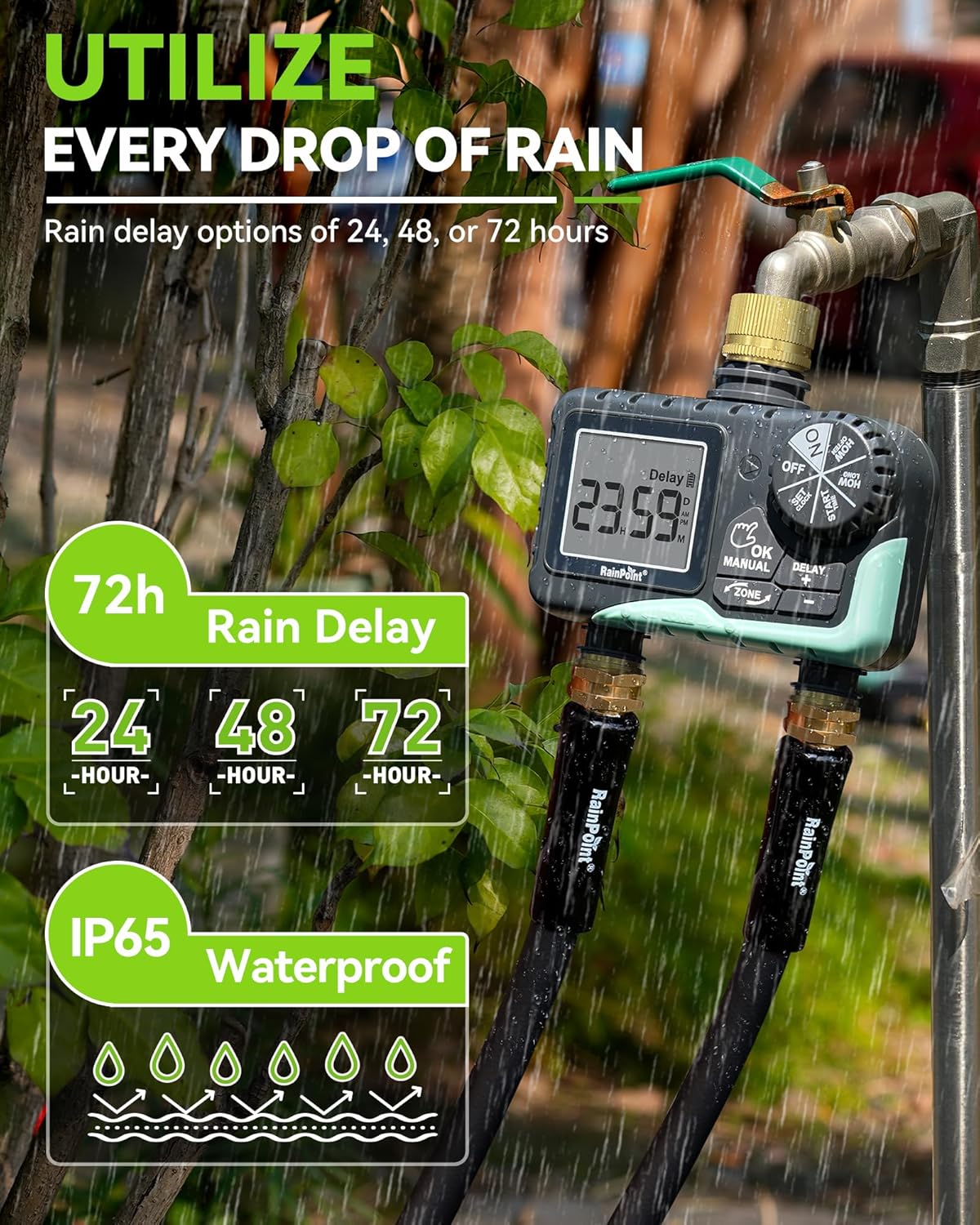 RAINPOINT 2 Zone Sprinkler Timer with Brass Inlet and Outlet - Water Timer for Garden Hose with Rain Delay/Manual Watering/Automatic Irrigation Controller System - Water Hose Timer for Yard Lawn