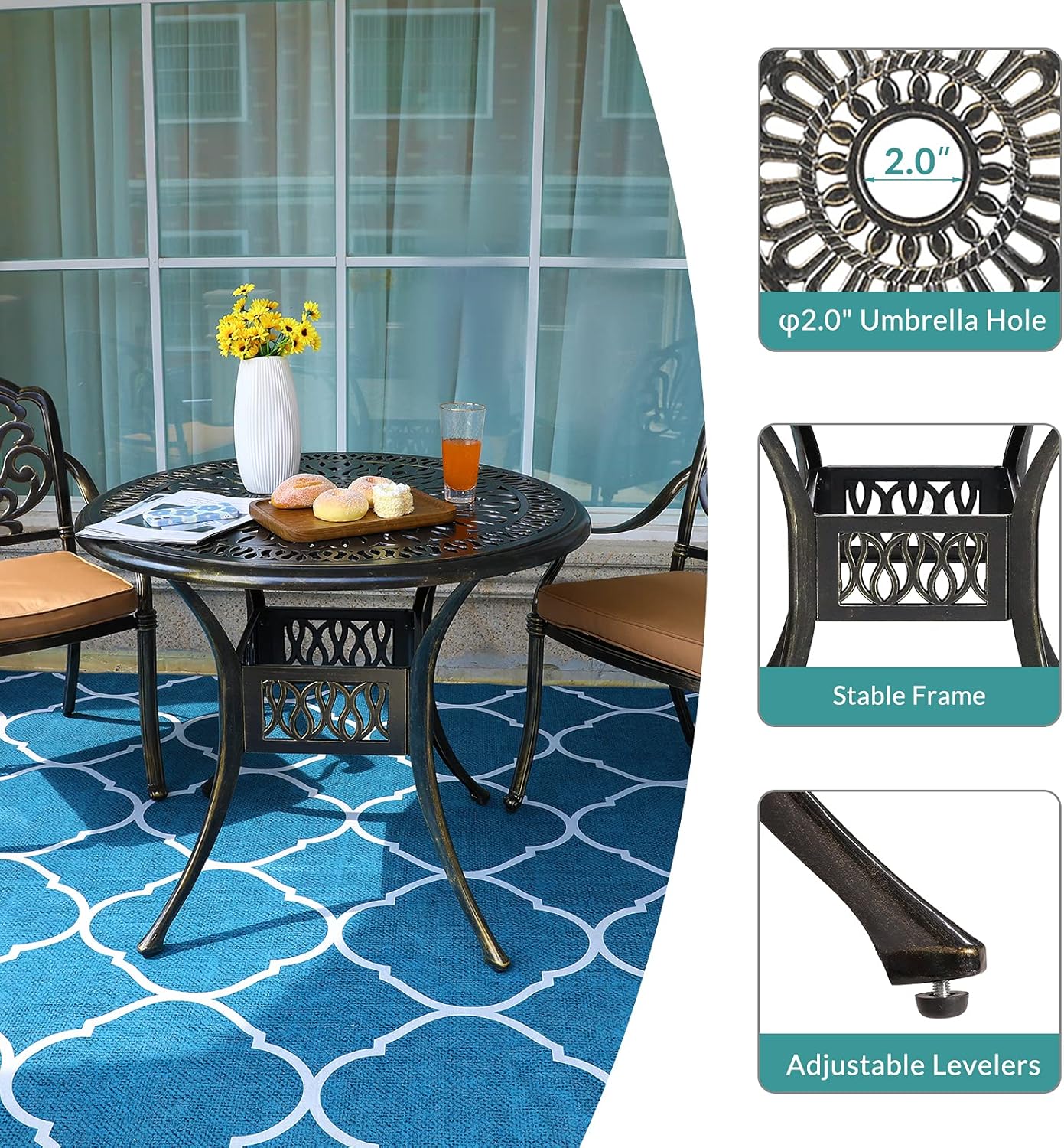 MEETWARM 3 Piece Patio Bistro Set, Outdoor All-Weather Cast Aluminum Dining Furniture Set Includes 2 Cushioned Chairs and a 35.4” Round Table with Umbrella Hole for Garden Deck