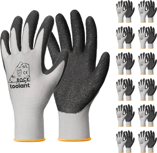 toolant Crinkle Latex Work Gloves Bulk, Rubber Coated Safety Work Gloves for Men and Women, 12 Pairs for Construction, Gardening, Warehouse (Gray, Large)