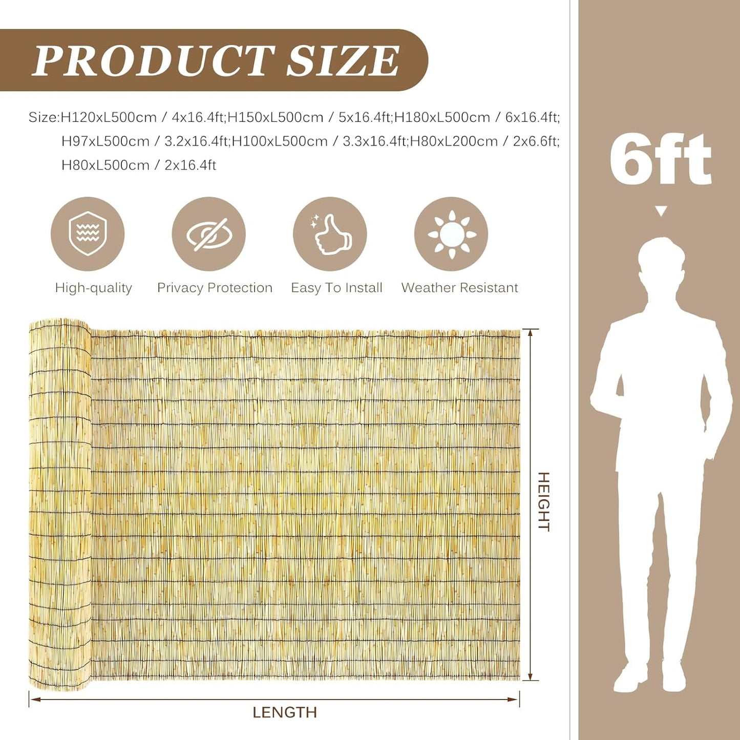 Natural Reed Fencing Rolls: Privacy Bamboo Fence 3/4/5/6ft High Roll Reed Screen, Decorative Bamboo Fencing for Outdoor Balcony Patio Garden Backyard,with Cable Zip Ties(Nature, 6x10ft)