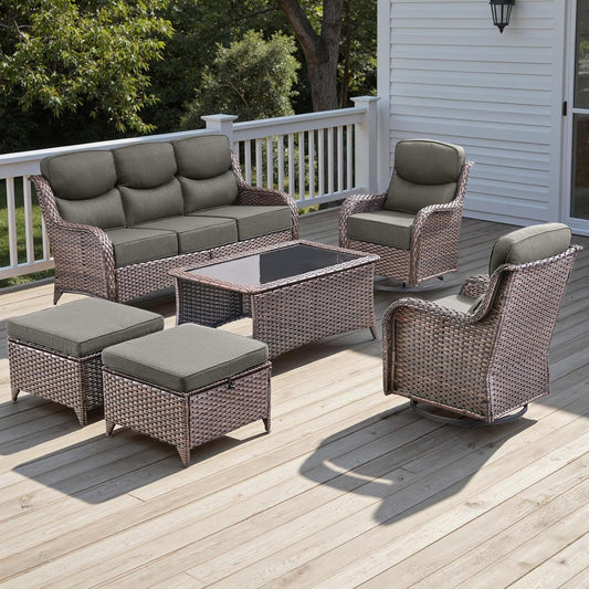 Wicker Outdoor Patio Furniture Set - 6 Piece Patio Conversation Sets with Swivel Rocker Chairs, Ottomans, Sofa and Coffee Table, 6 inch Cushions, Deep Seating, for Porch Deck Brown/Grey