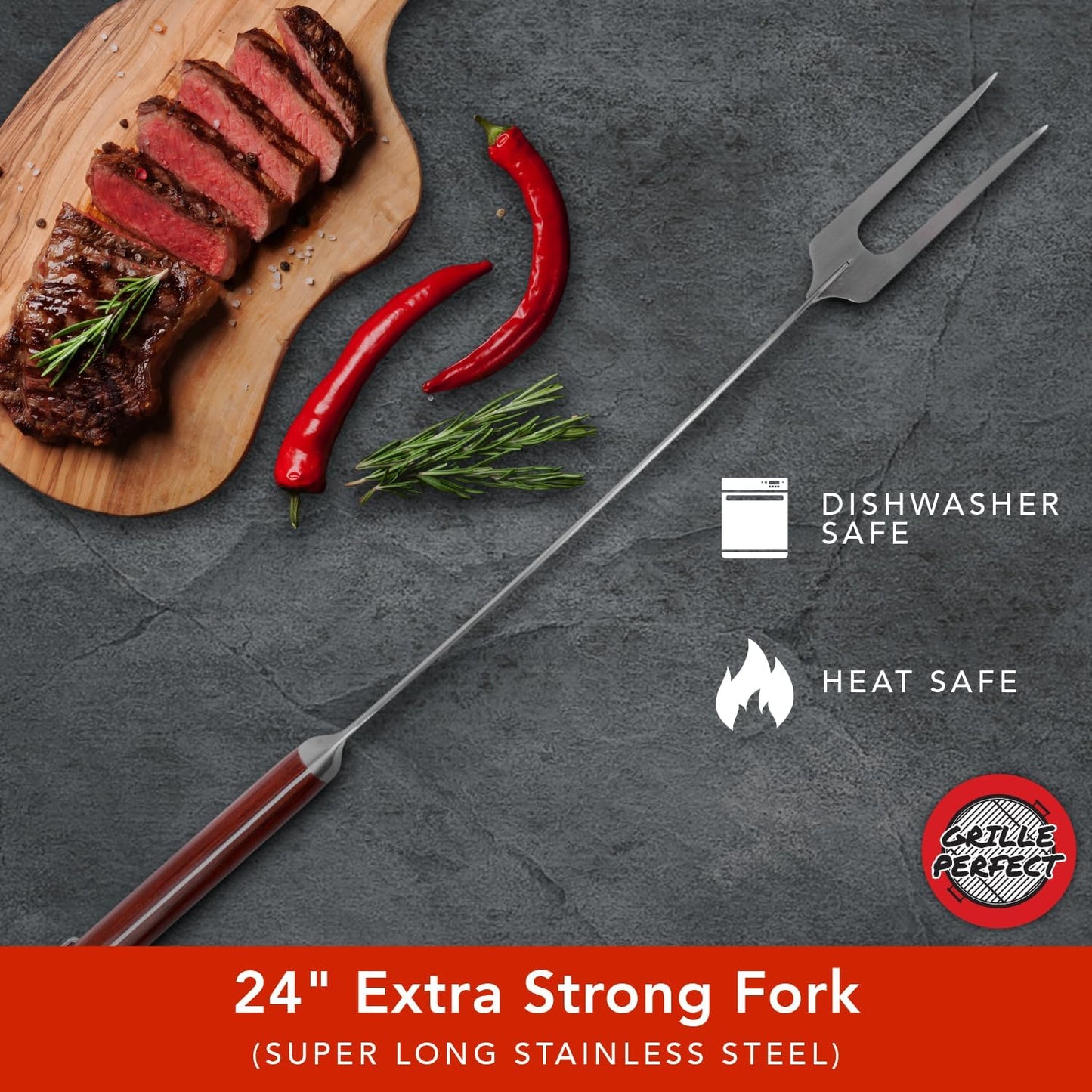Grill Fork 24-inch Super Long for Grilling Barbecue Griddle and Fire Pit Extra Strong Curved Neck Premium Hardwood Handle Large Stainless Steel Tines for BBQ Outdoor Kitchen and Grilled Food