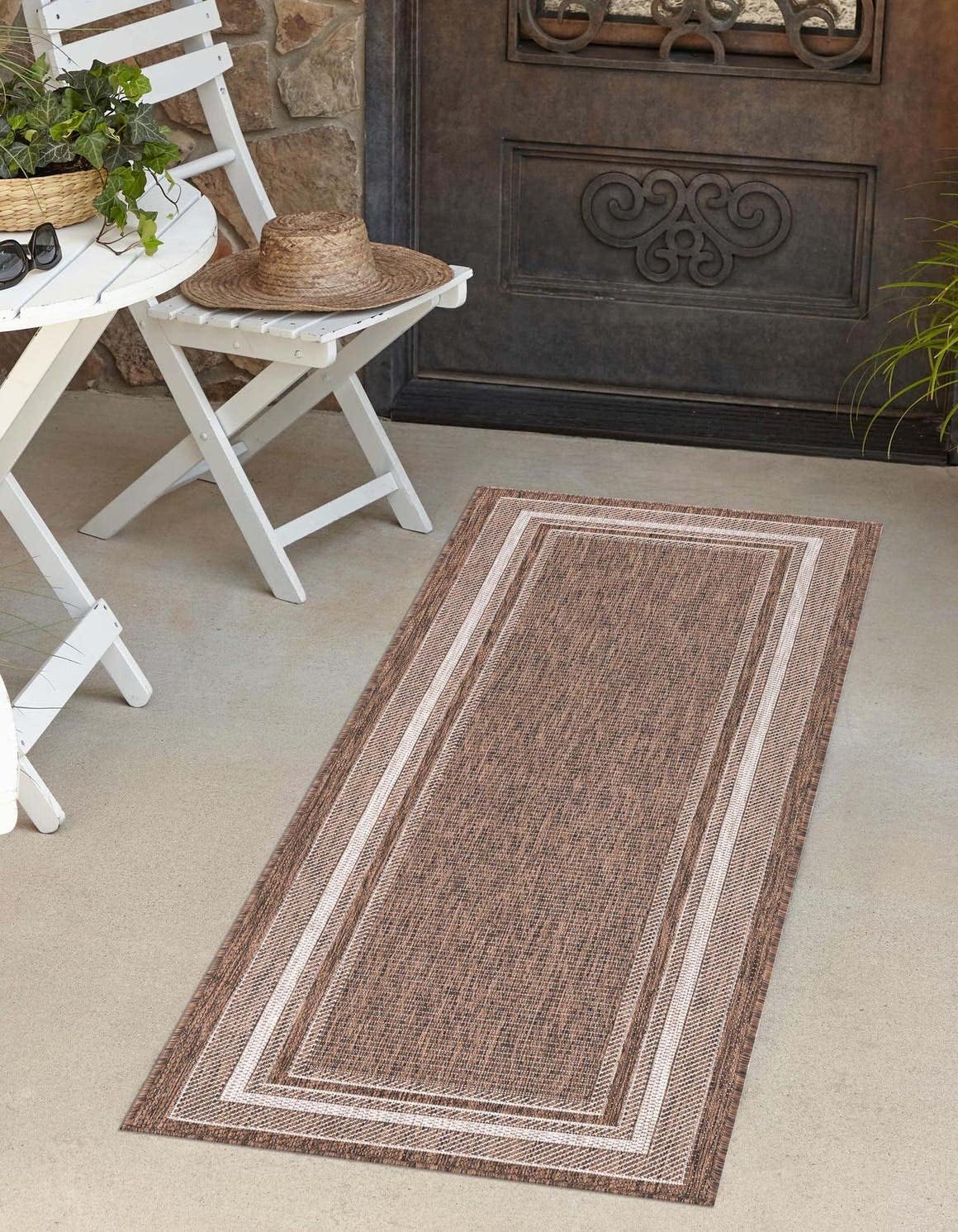 Unique Loom Outdoor Border Collection Area Rug - Soft Border (2' x 8' Runner, Brown/ Ivory)