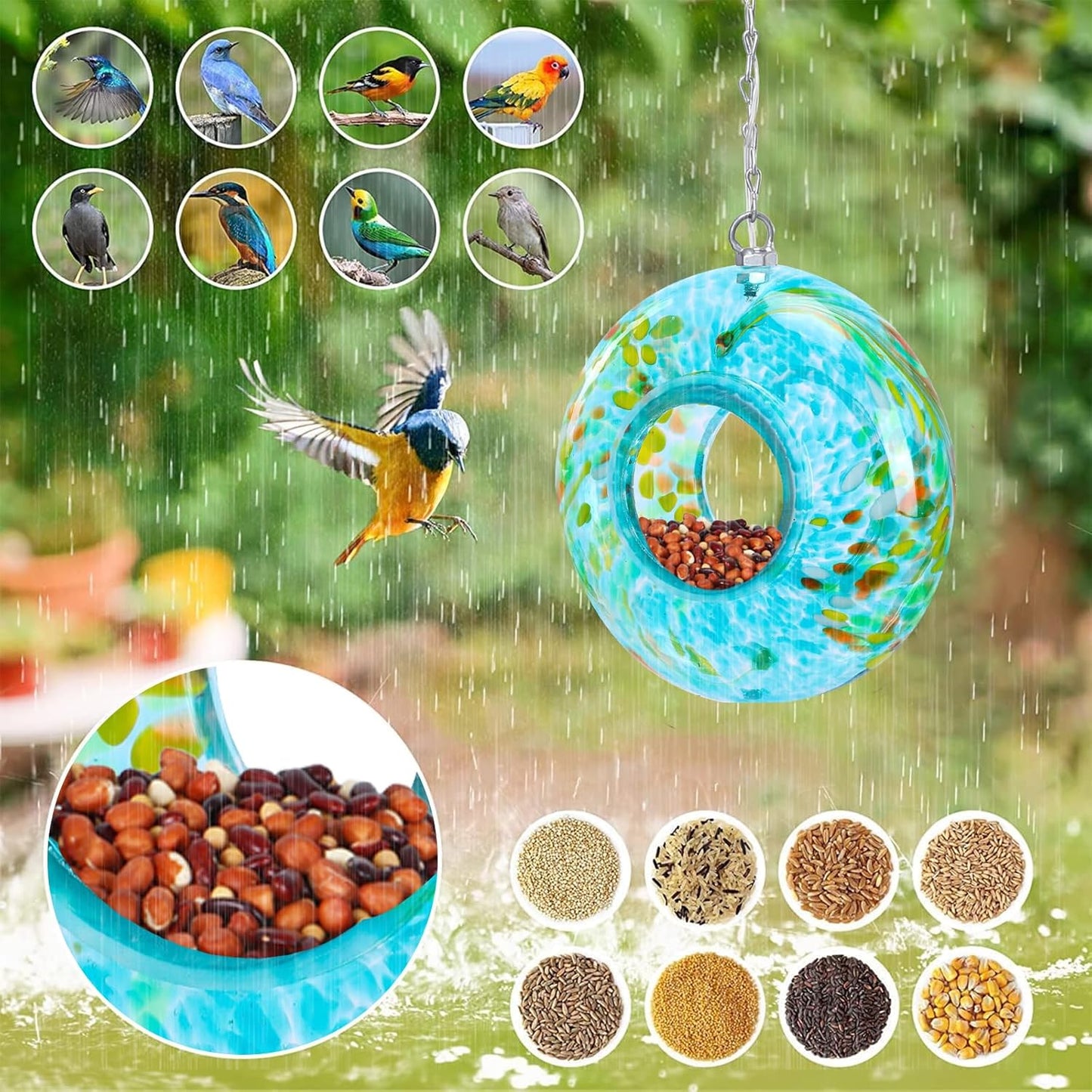 Yinns Bird Feeder - Fly Through Bird Feeders for Outside Hanging with Round Shape Glass Container, Solar Birdsfeeder for Yard Garden Decor, 8-Inch