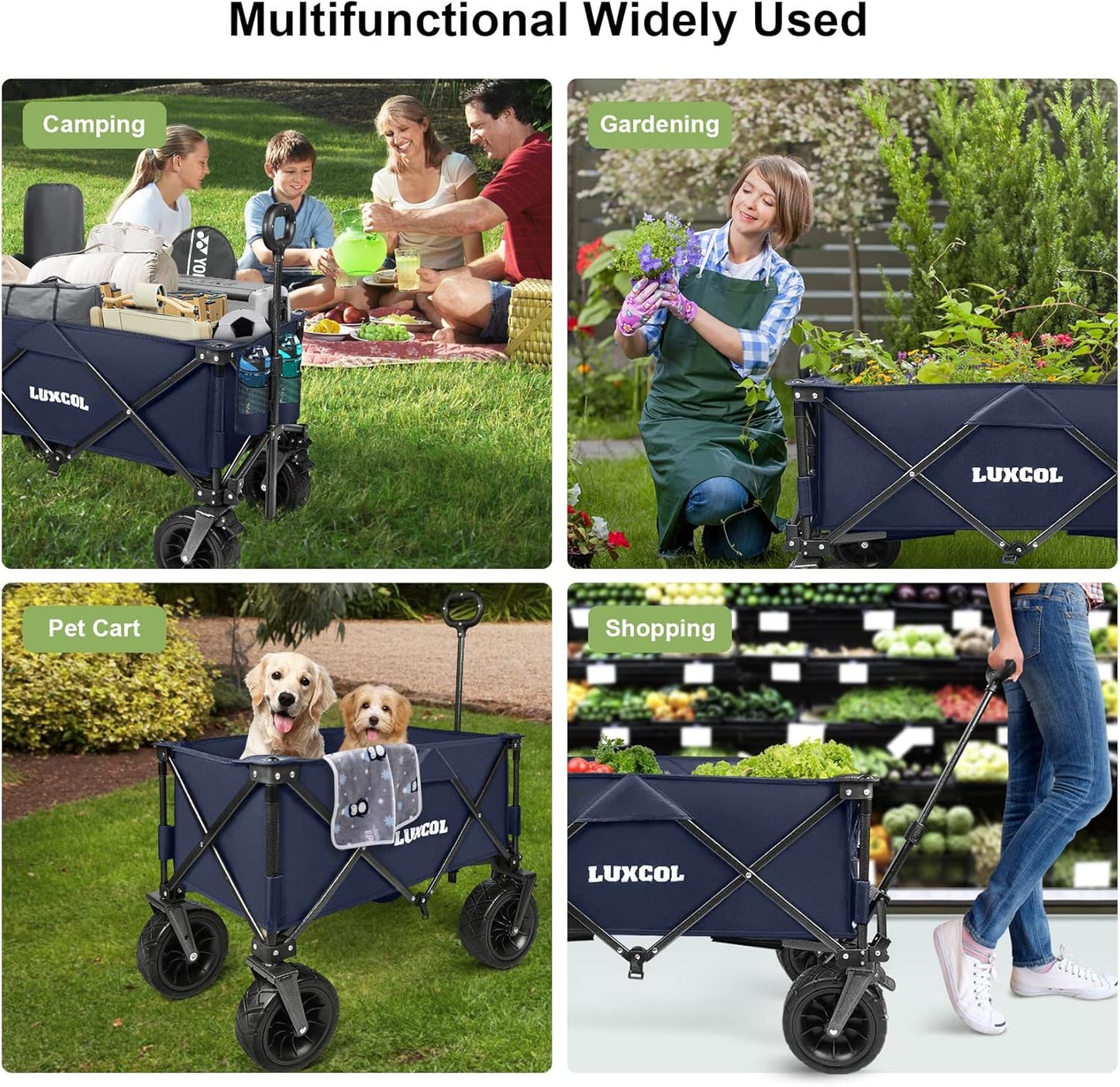 LUXCOL Collapsible Folding Wagon, Heavy Duty Utility Beach Wagon Cart for Sand with Big Wheels, Adjustable Handle&Drink Holders for Shopping, Camping,Garden and Outdoor Dark Blue