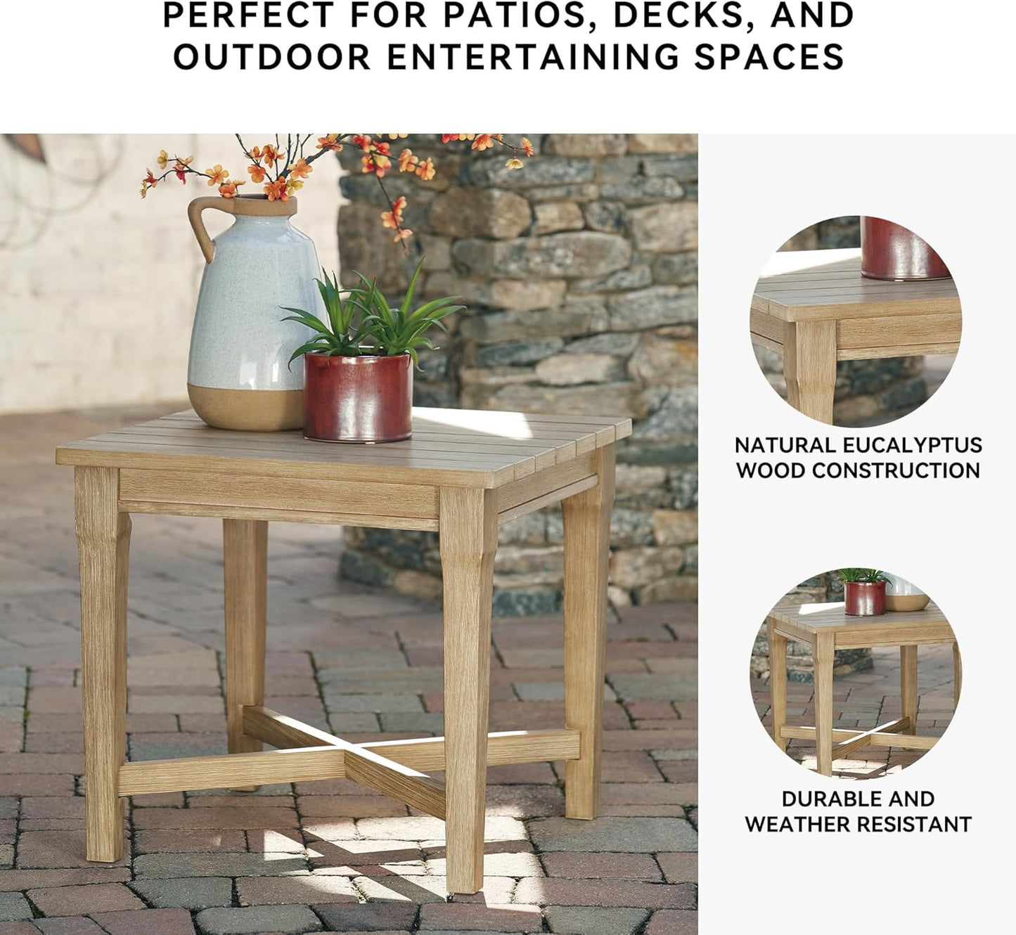 Signature Design by Ashley Outdoor Eucalyptus Carter Hall Patio End Table, Beige