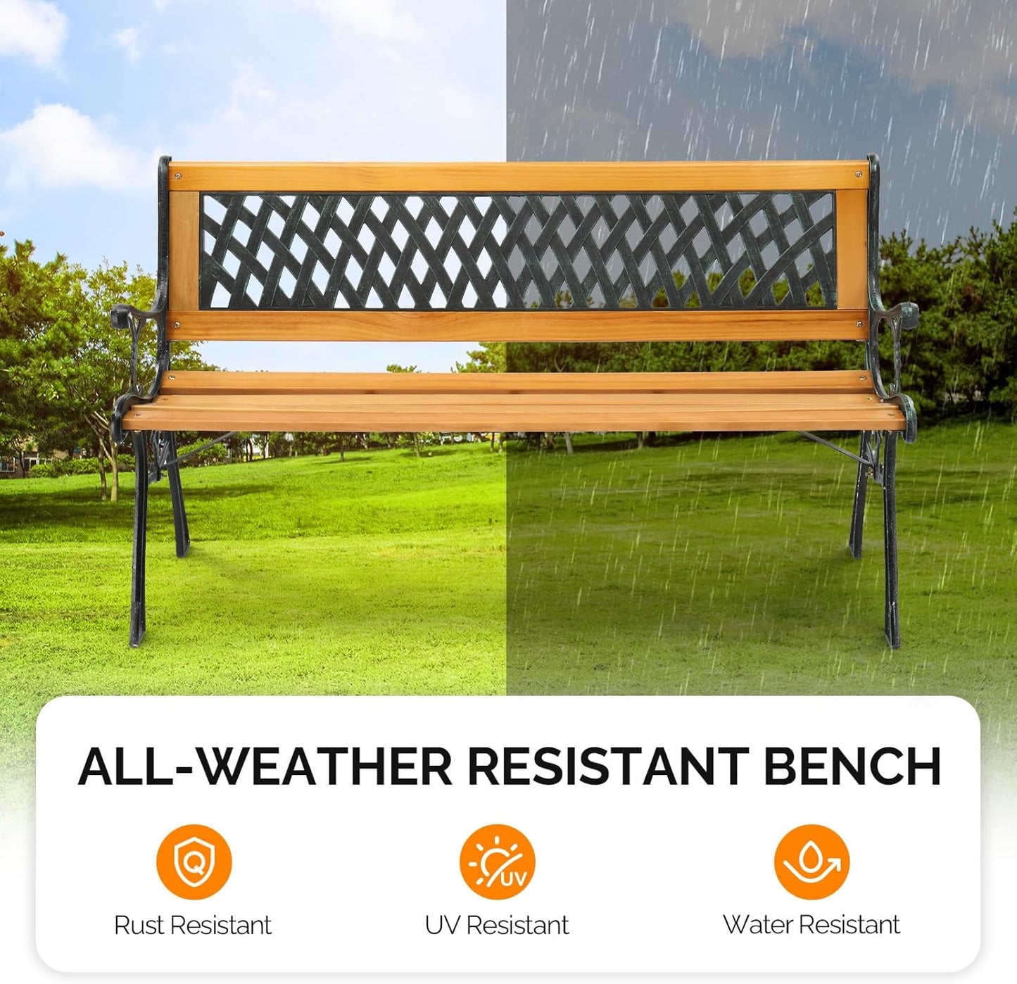 VINGLI Outdoor Bench Metal Garden Bench, Wood Patio Benches w/PVC Backrest Cast Iron Love Seat Park Benches for Porch Yard (Diamond)