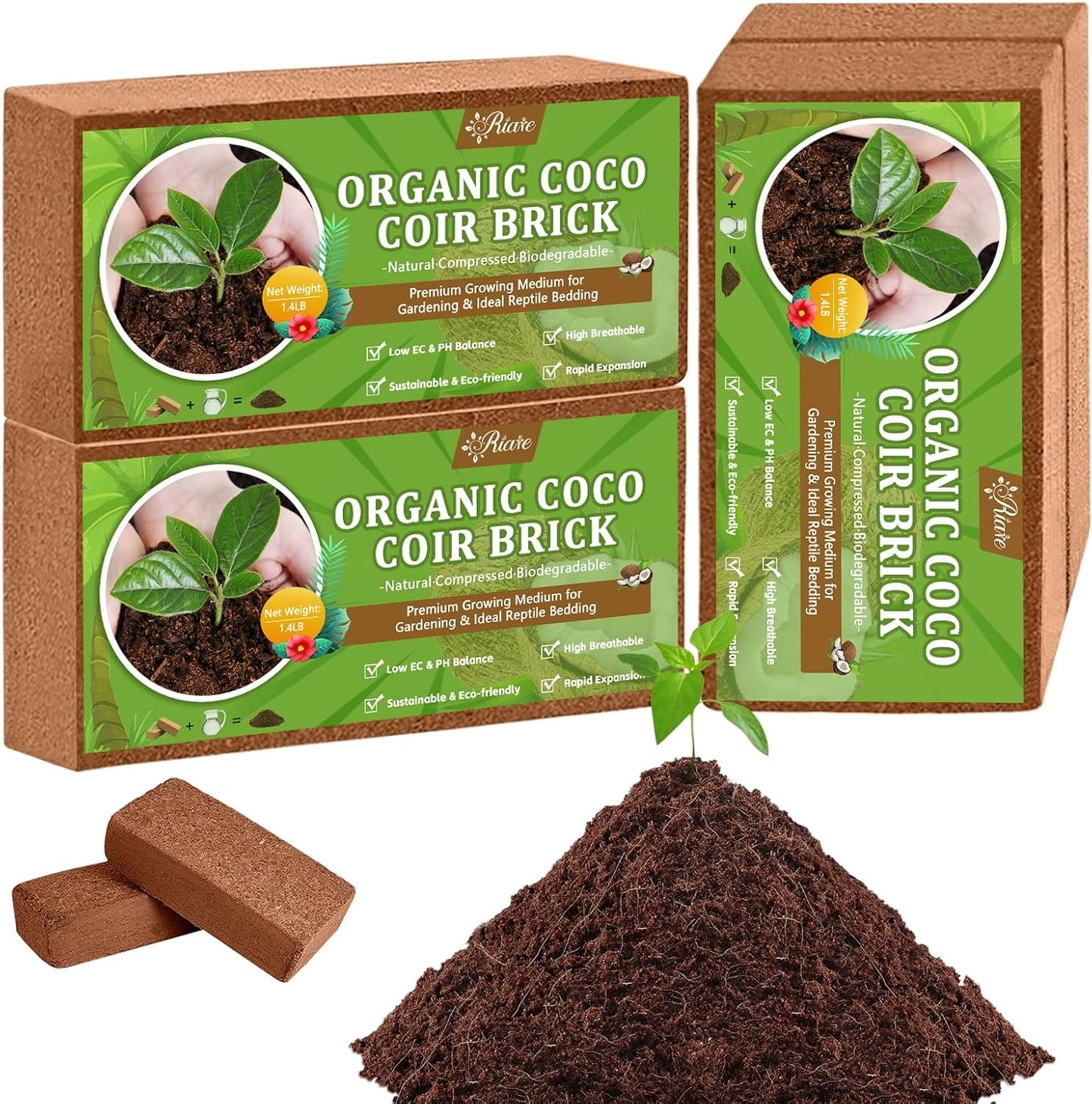Riare 4pcs Organic Coco Coir Bricks Soil Blocks- 100% Natural Compressed Coco Peat Brick Coconut Fiber Substrate with Low EC& pH Balance, High Expansion Coco Coir Pith Coconut Husk for Garden