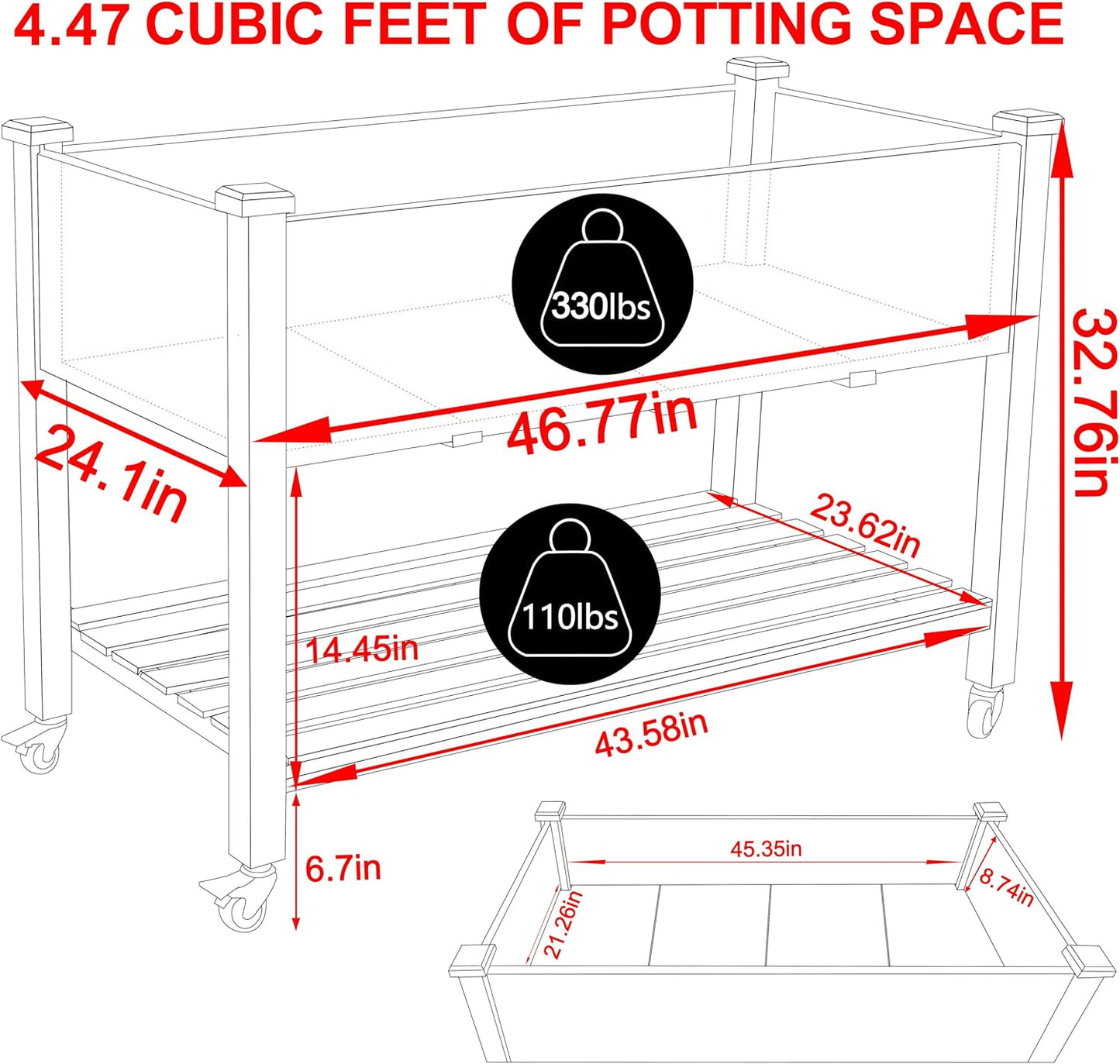 MUPATER 4x2FT Raised Garden Bed, Planter Box with Four Wheels and Legs for Herbs and Vegetables, Elevated Garden Bed with Drainage Holes for Outdoor Indoor, Rustic