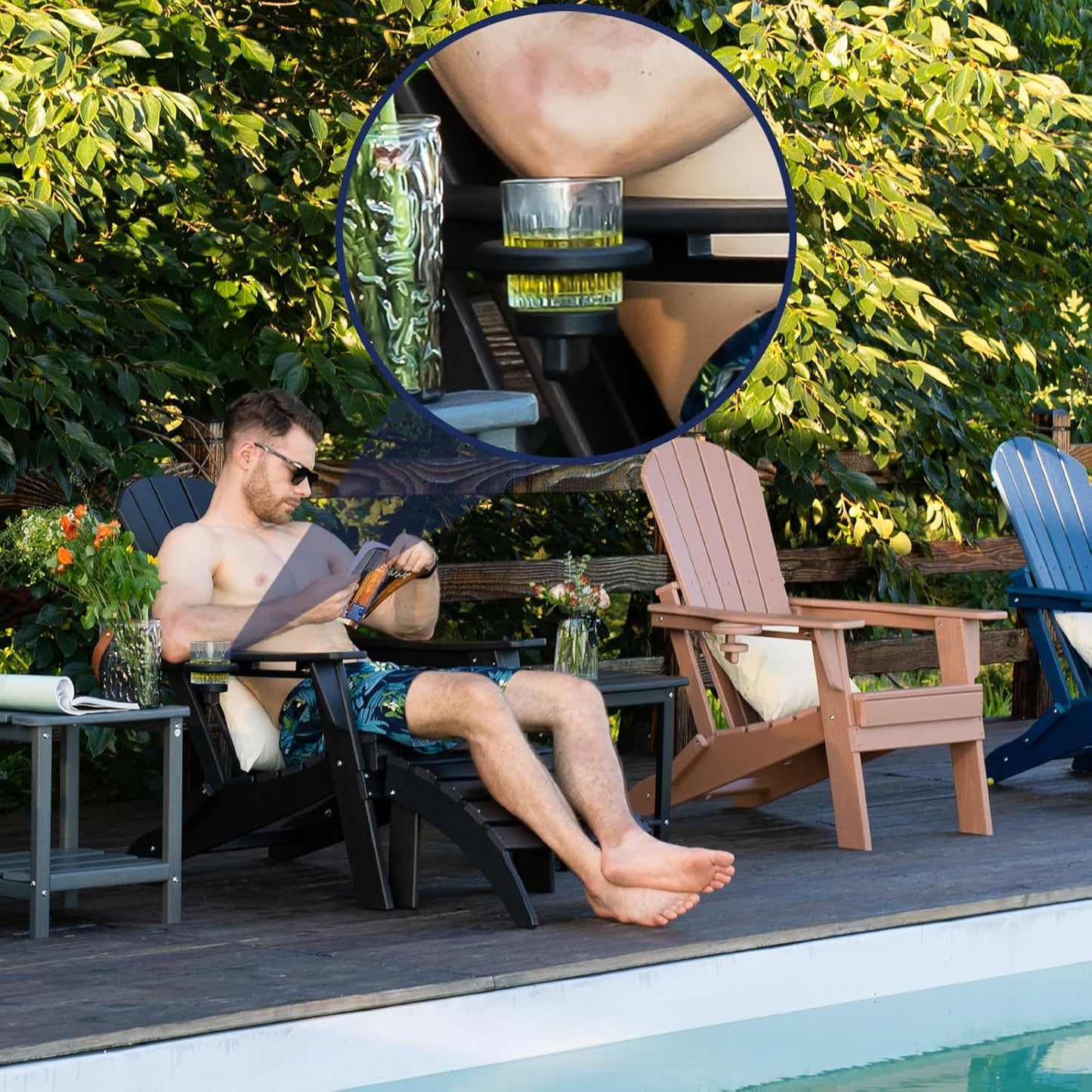 Folding Adirondack Chair with Cup Holder, HDPE Patio Chairs, All-Weather Outdoor Chairs for Backyard, Deck, Fire Pit-Coffee